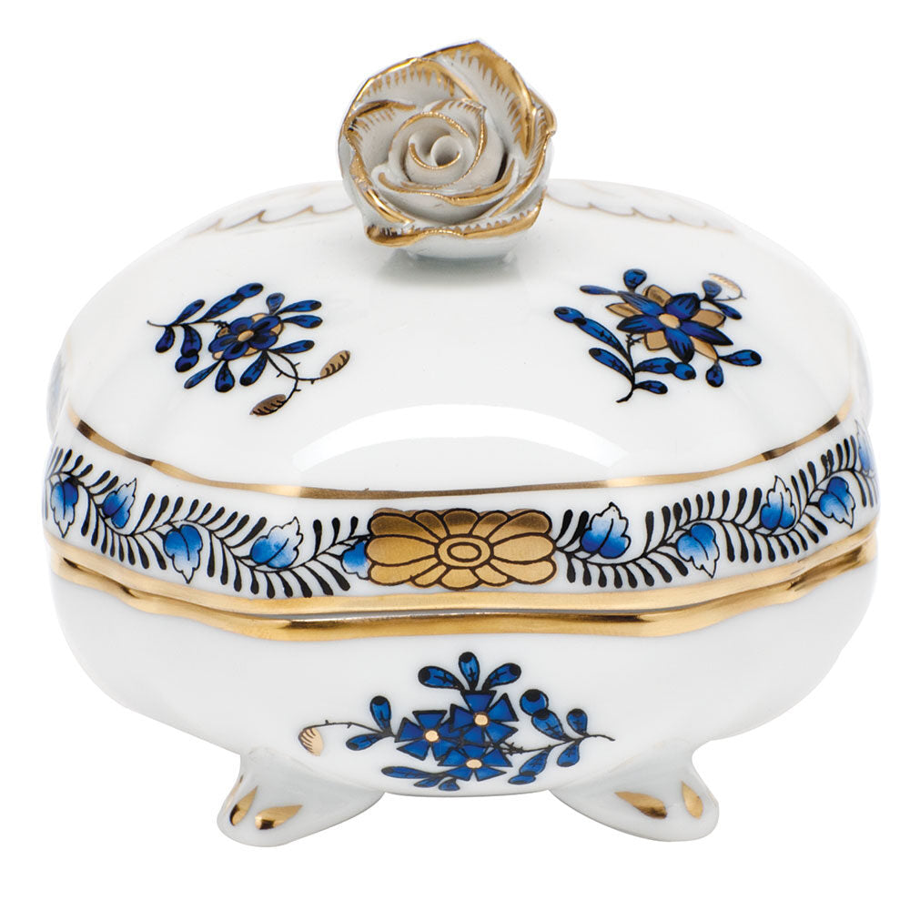 Hand-painted Herend Chinese Bouquet Black Sapphire Covered Bonbon with Rose Candy Dish in fine porcelain, 3in SQ, on a white background