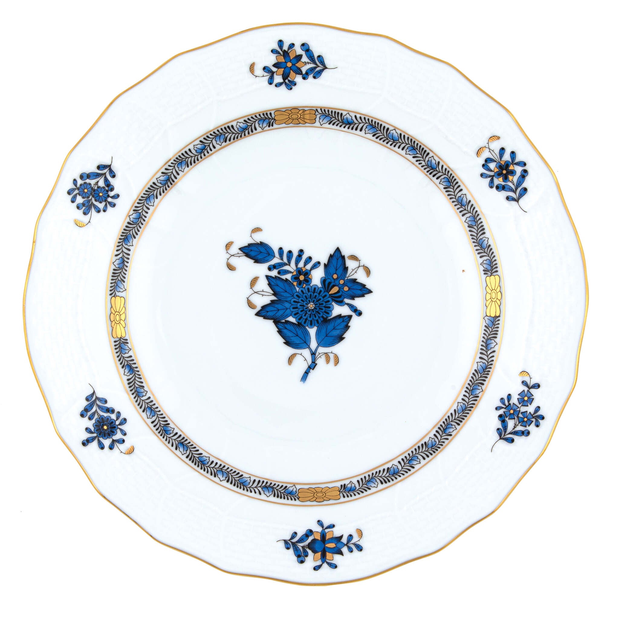 Hand-painted Herend Chinese Bouquet Black Sapphire Dessert Plate in fine porcelain, 8.25in D, on a white background