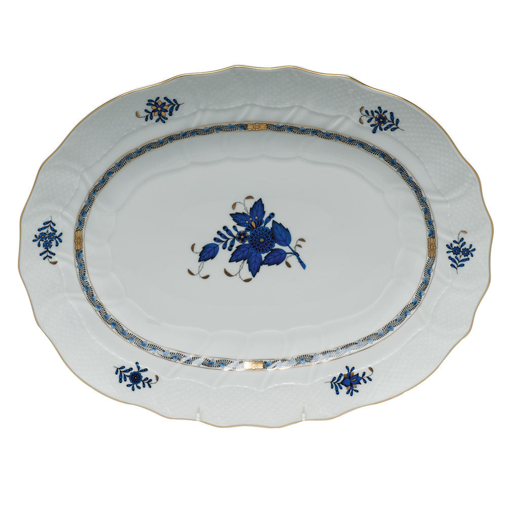 Hand-painted Herend Chinese Bouquet Black Sapphire Platter in fine porcelain, 17in L X 12.5in W, on a white background