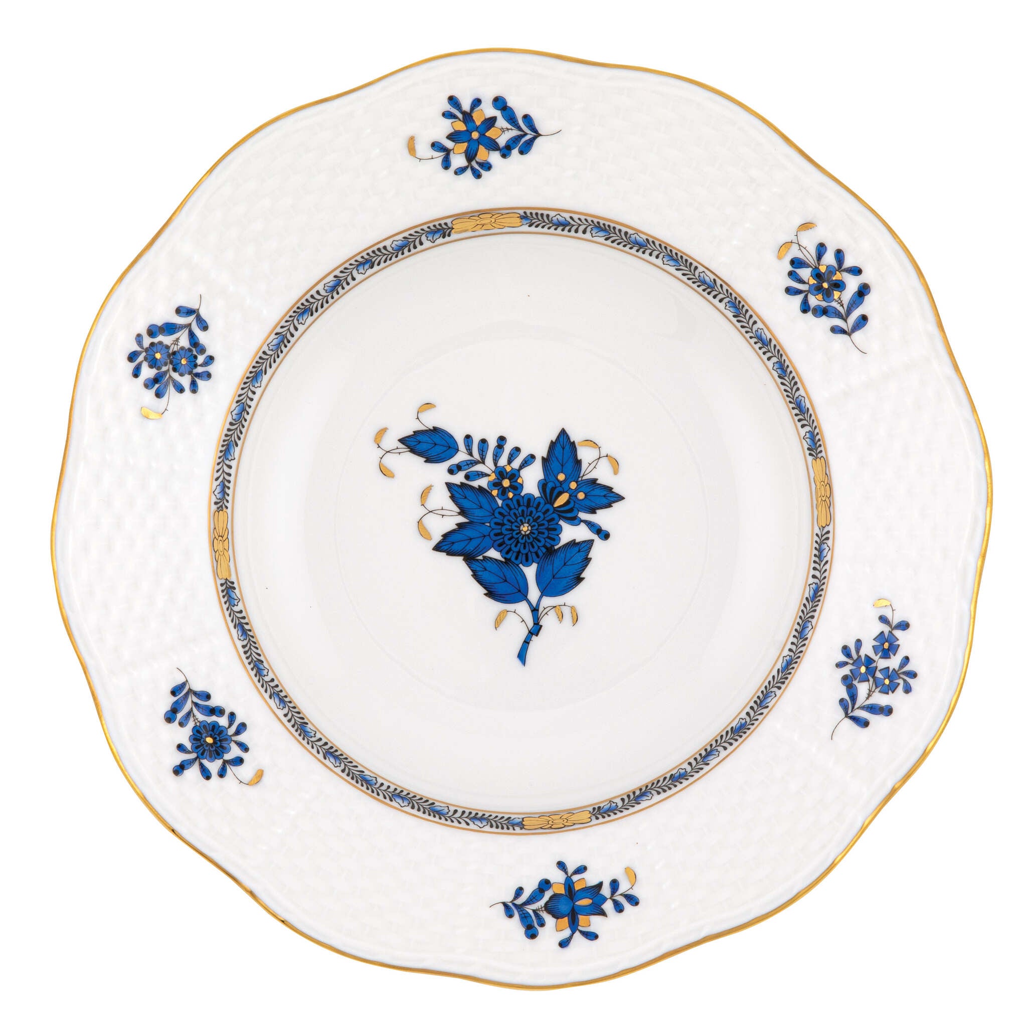 Hand-painted Herend Chinese Bouquet Black Sapphire Rim Soup Plate Soup Plates & Rimmed Soup Bowl in fine porcelain, 8in D, on a white background