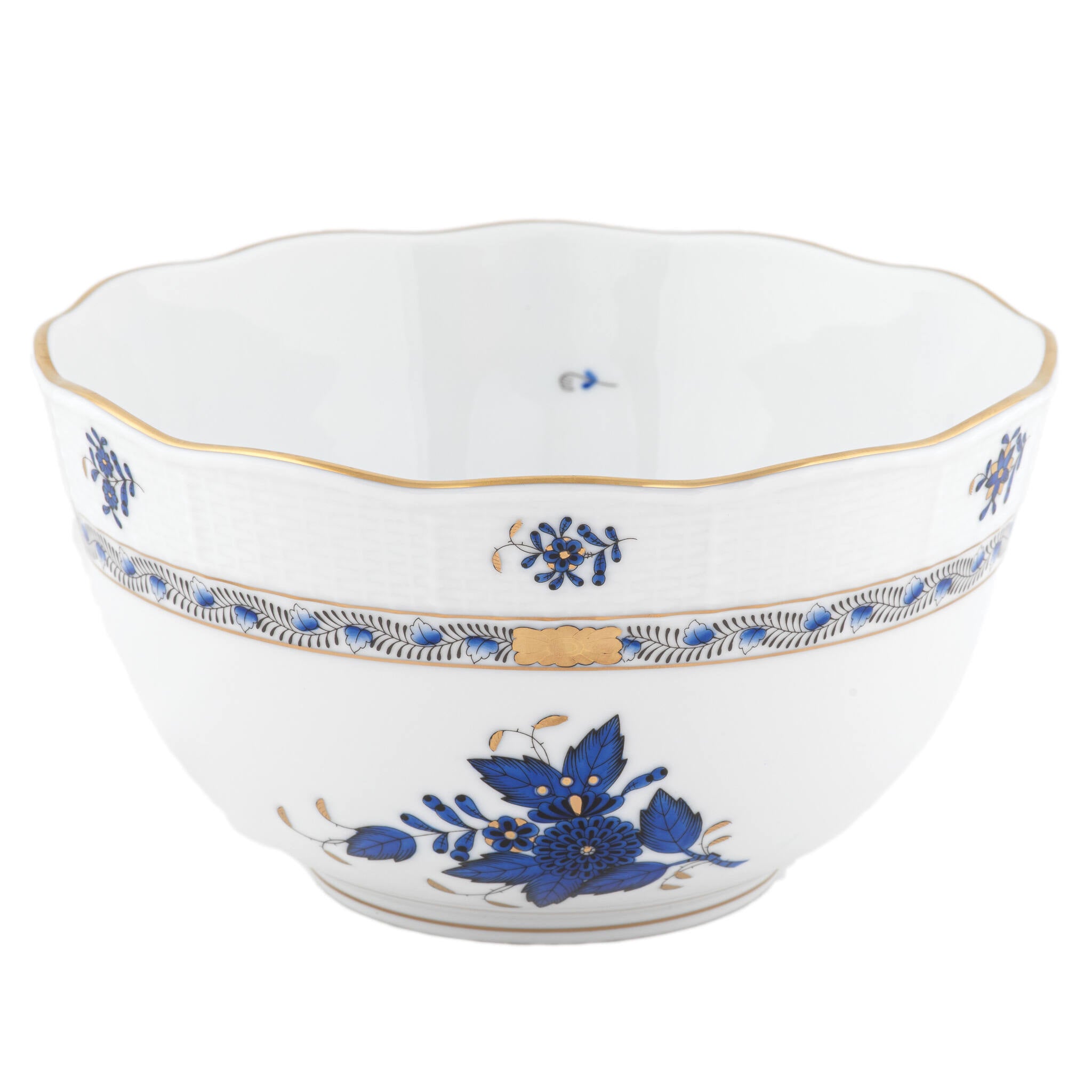 Hand-painted Herend Chinese Bouquet Black Sapphire Round Bowl in fine porcelain, (3.5 PT) 7.5in D, on a white background