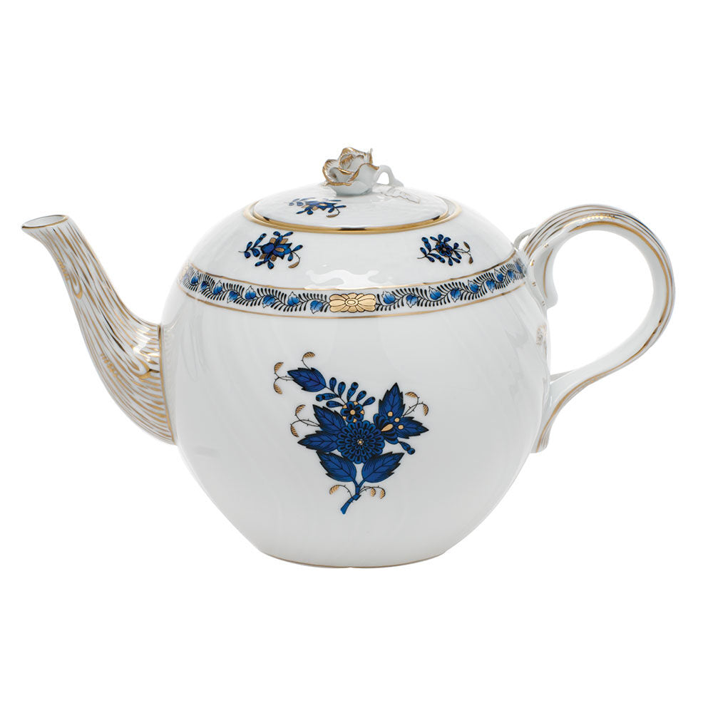 Hand-painted Herend Chinese Bouquet Black Sapphire Tea Pot with Rose Teapot in fine porcelain, (36 OZ) 5.5in H, on a white background