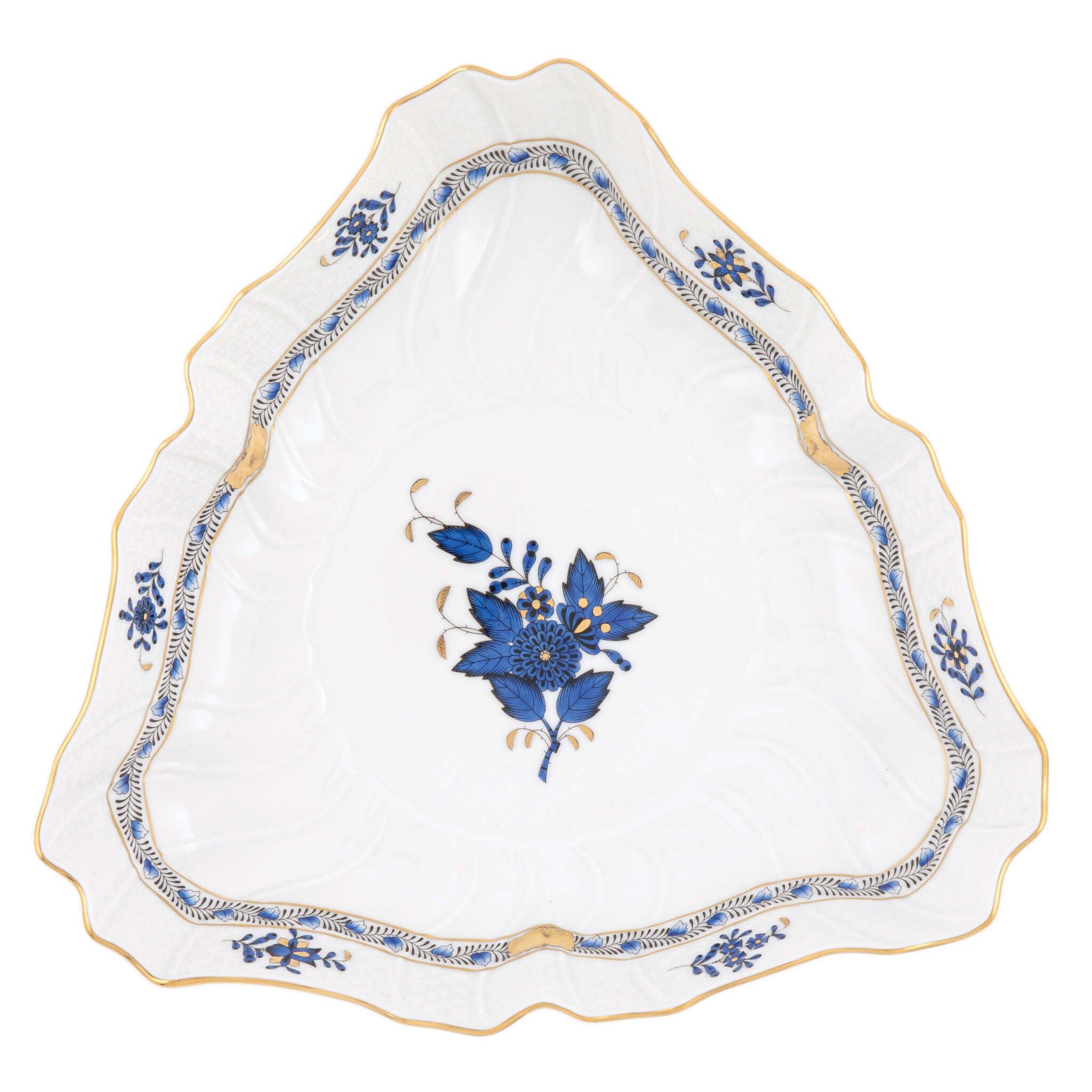 Hand-painted Herend Chinese Bouquet Black Sapphire Triangle Dish in fine porcelain, 9.5in L, on a white background