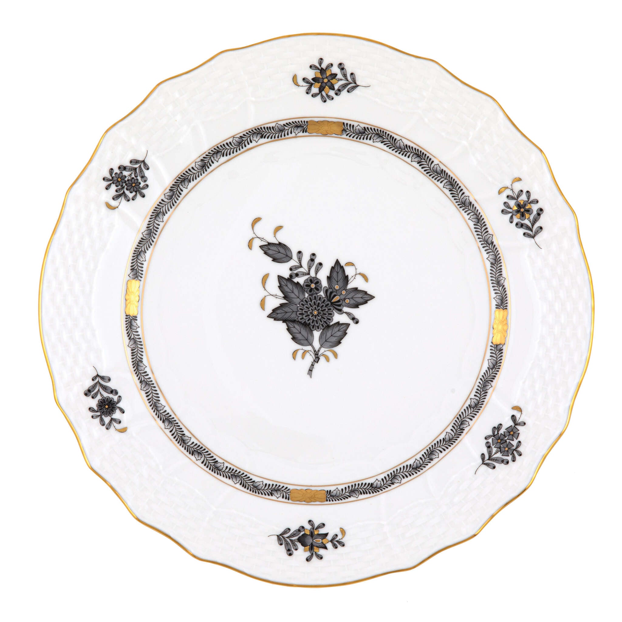 Hand-painted Herend Chinese Bouquet Black Service Plate in fine porcelain, 11in D, on a white background