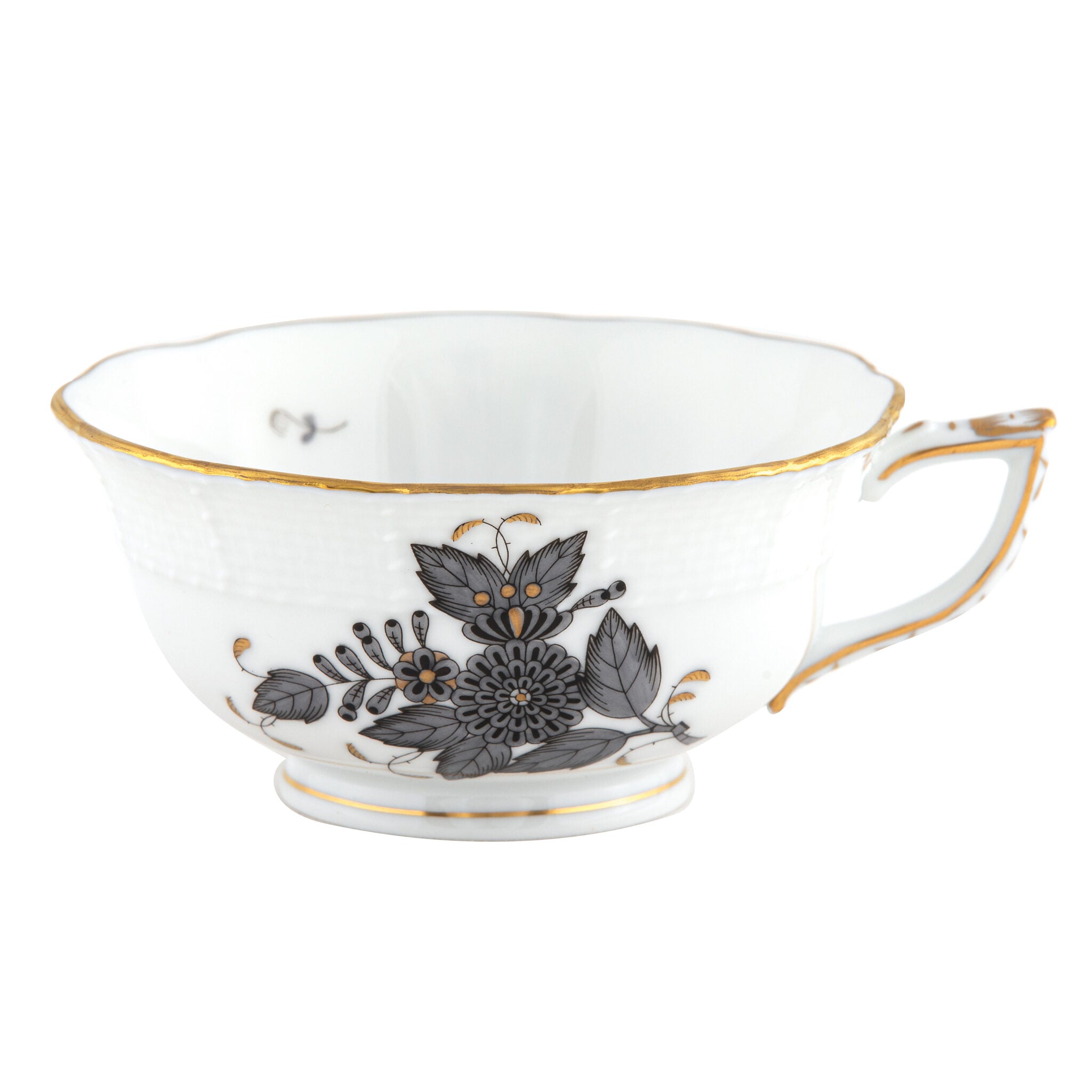 Hand-painted Herend Chinese Bouquet Black Tea Cup Cup & Saucer Set in fine porcelain, on a white background