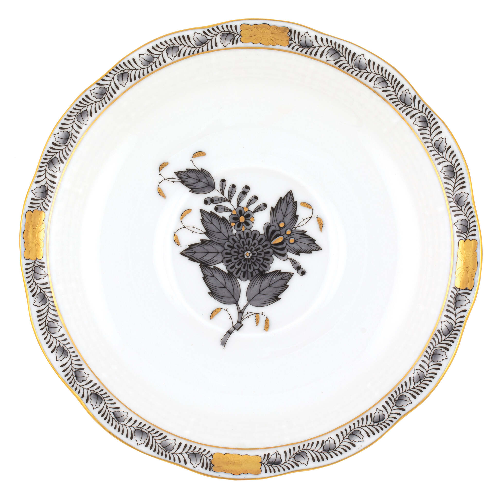 Hand-painted Herend Chinese Bouquet Black Tea Saucer Cup & Saucer Set in fine porcelain, 6in D, on a white background