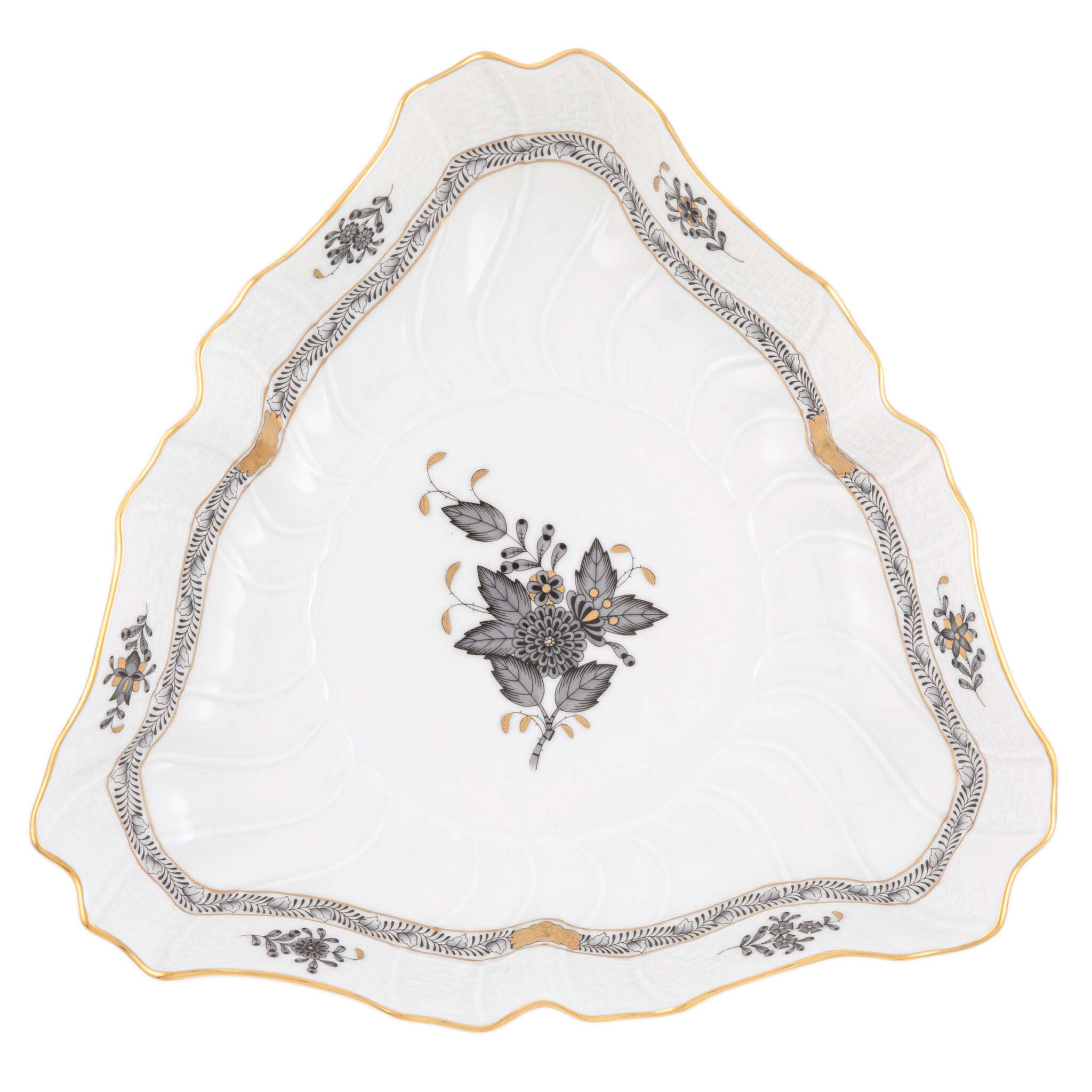 Hand-painted Herend Chinese Bouquet Black Triangle Dish in fine porcelain, 9.5in L, on a white background