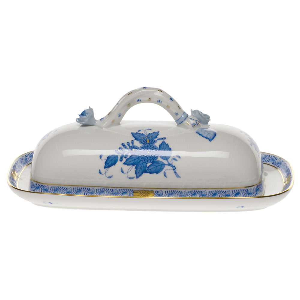 Hand-painted Herend Chinese Bouquet Blue Butter Dish with Branch in fine porcelain, 8.5in L, on a white background