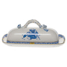 Hand-painted Herend Chinese Bouquet Blue Butter Dish with Branch in fine porcelain, 8.5in L, on a white background