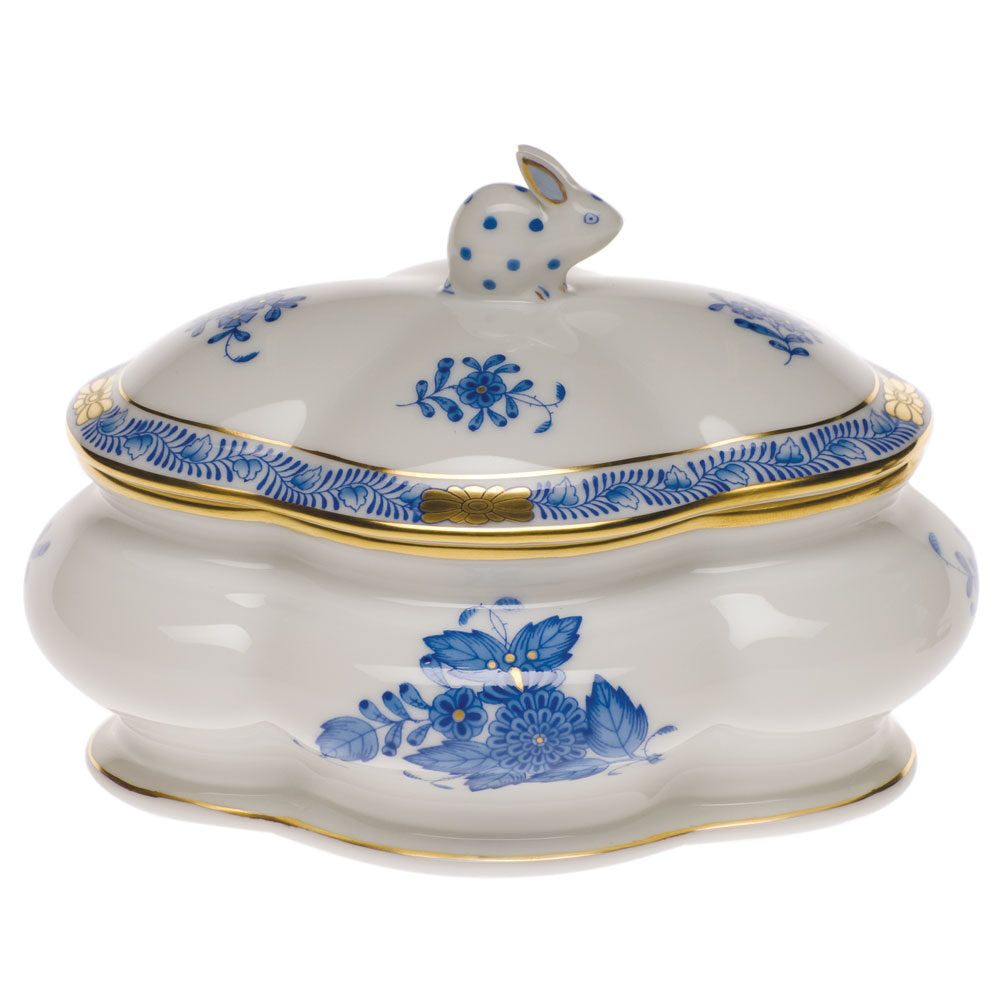 Hand-painted Herend Chinese Bouquet Blue Covered Bonbon with Bunny Candy Dish in fine porcelain, 5in L X 4in H, on a white background