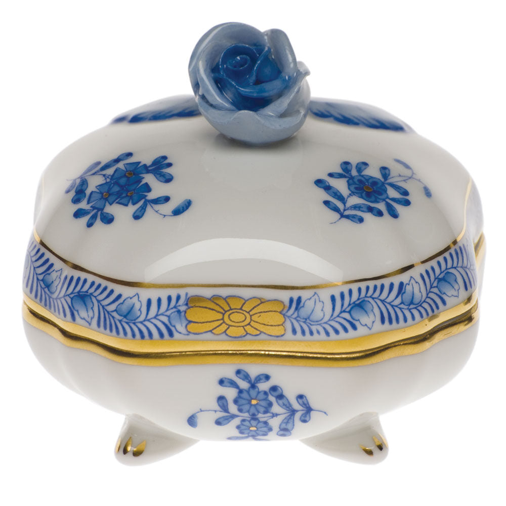 Hand-painted Herend Chinese Bouquet Blue Covered Bonbon with Rose Candy Dish in fine porcelain, 3in SQ, on a white background