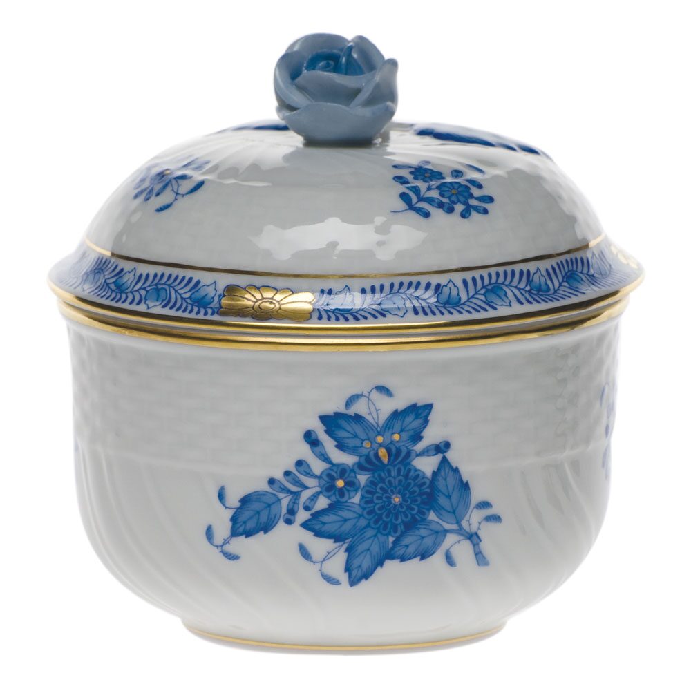 Herend Chinese Bouquet Blue Covered Sugar with Rose Sugar Bowl, alternate view