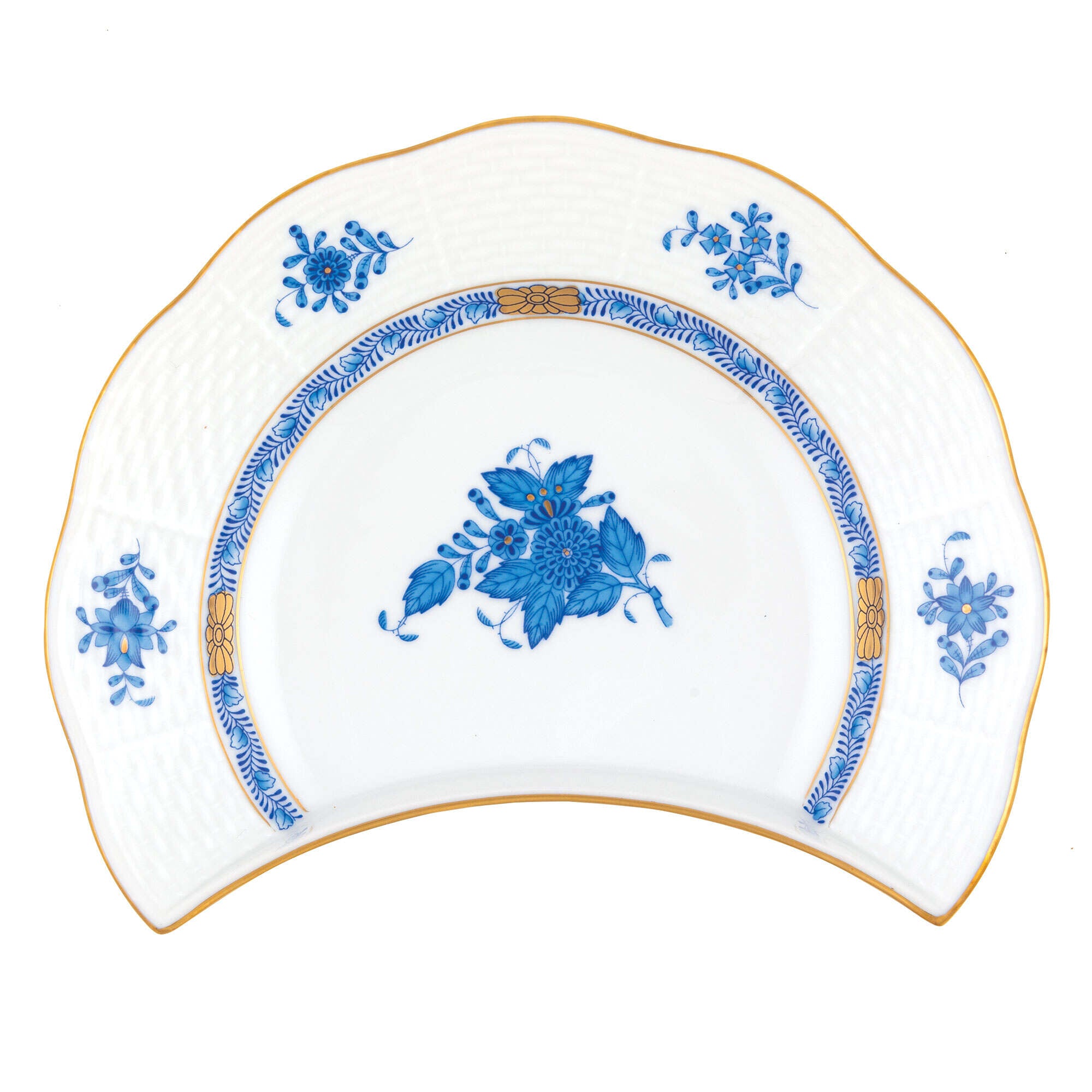 Hand-painted Herend Chinese Bouquet Blue Crescent Salad Salad Plate in fine porcelain, 7.25in L X 5in W, on a white background