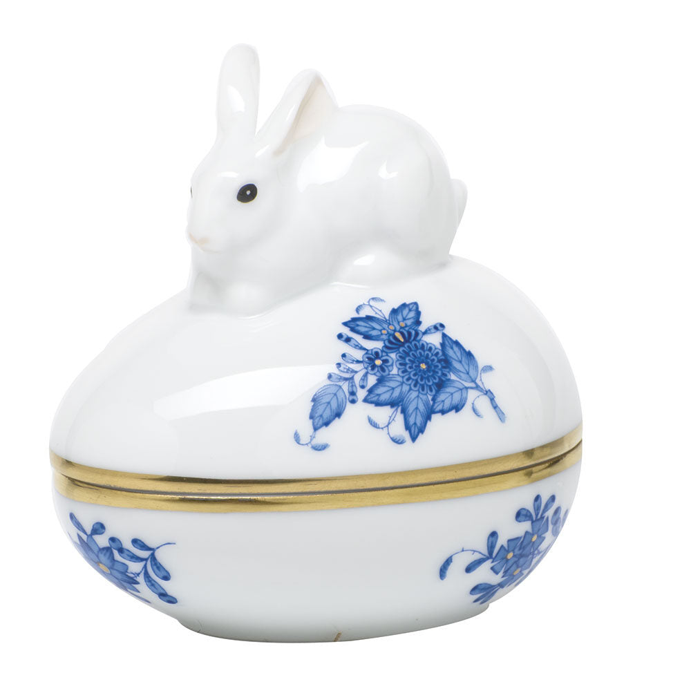 Hand-painted Herend Chinese Bouquet Blue Egg Bonbon with Bunny Candy Dish in fine porcelain, 3in L X 2.25in W X 3in H, on a white background