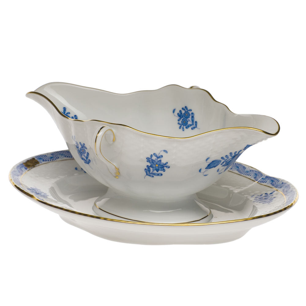 Hand-painted Herend Chinese Bouquet Blue Gravy Boat with Fixed Stand in fine porcelain, on a white background