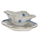 Hand-painted Herend Chinese Bouquet Blue Gravy Boat with Fixed Stand in fine porcelain, on a white background