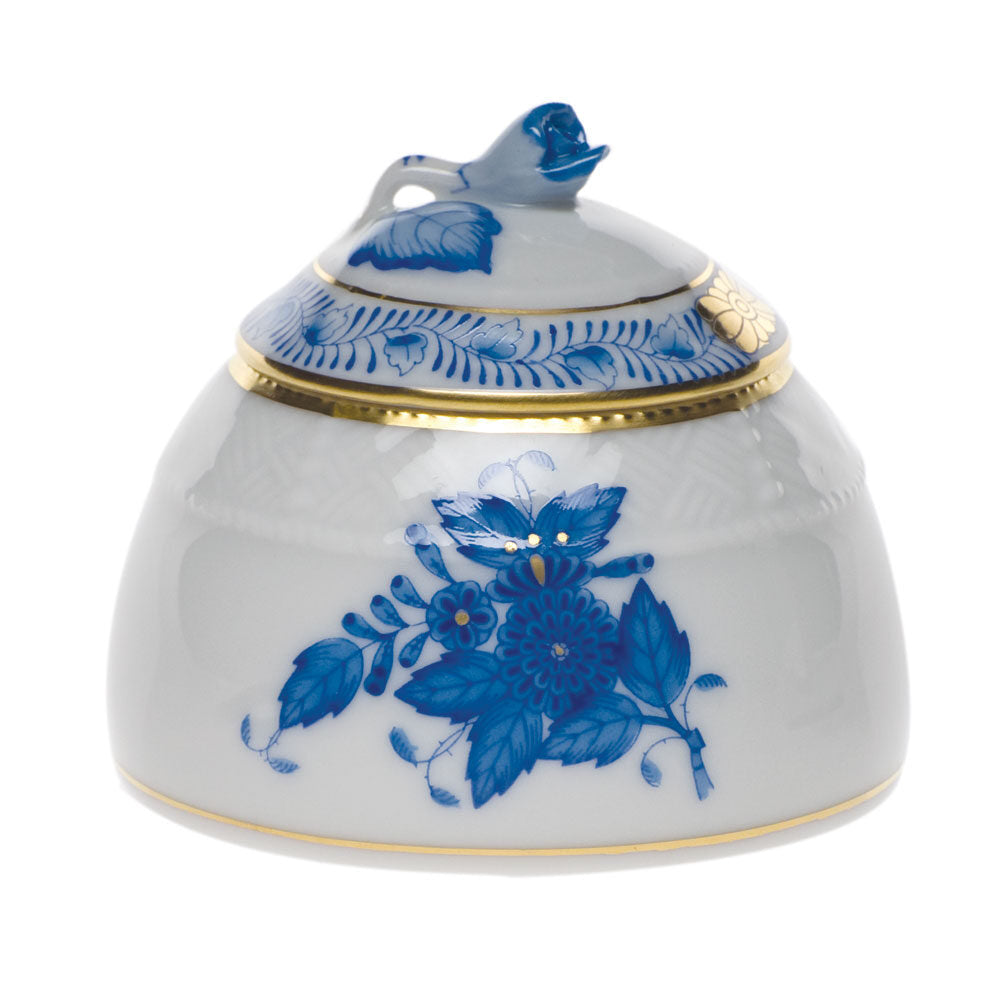 Hand-painted Herend Chinese Bouquet Blue Honey Pot with Rose in fine porcelain, 2.5in H, on a white background
