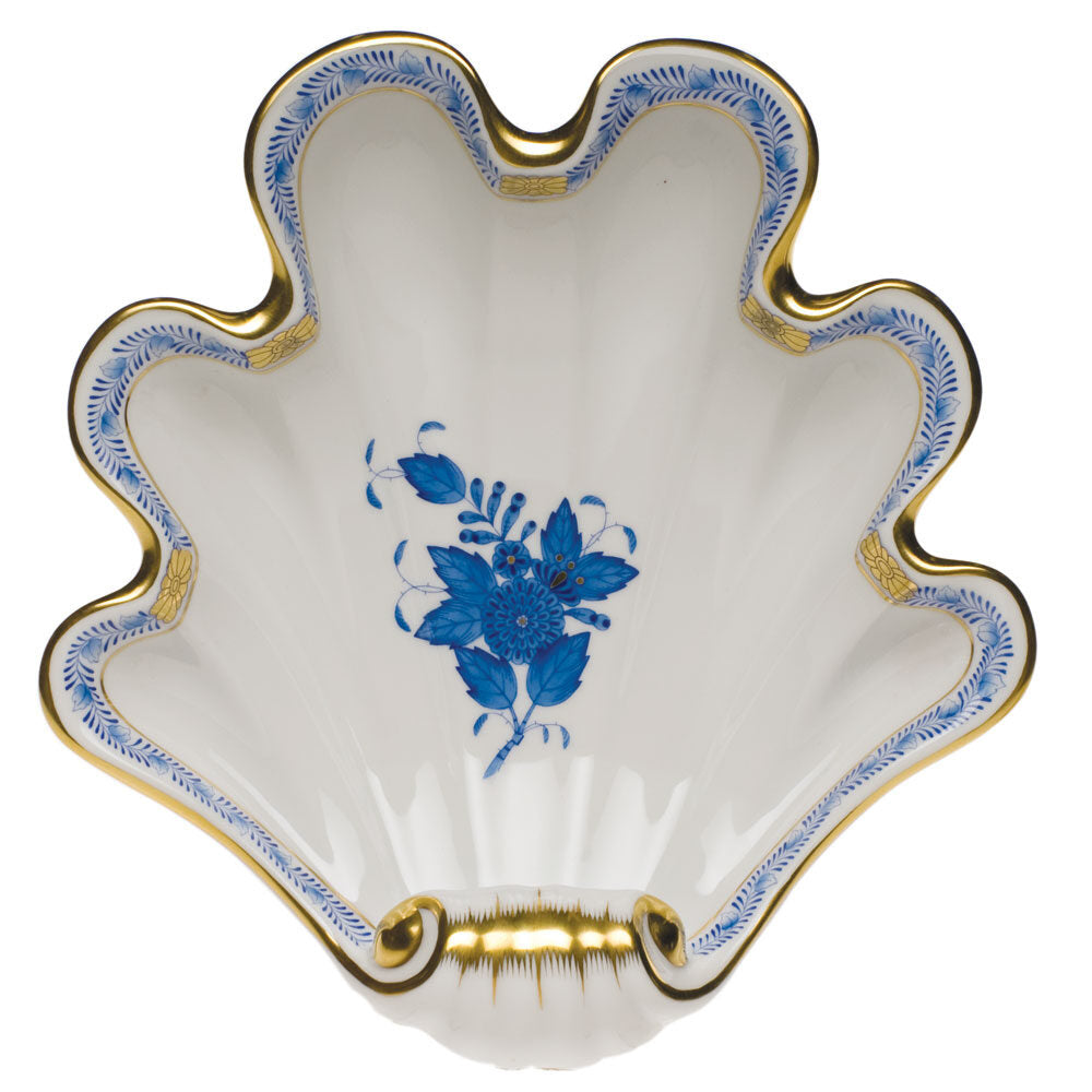 Hand-painted Herend Chinese Bouquet Blue Large Shell Dish Decorative Plate in fine porcelain, 9in L X 8.75in W, on a white background