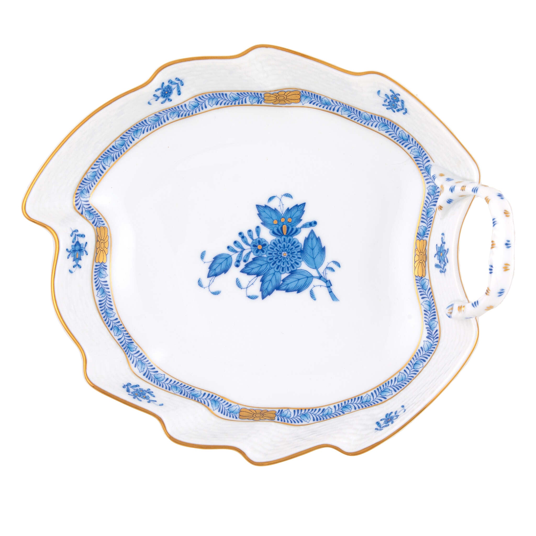 Hand-painted Herend Chinese Bouquet Blue Leaf Dish in fine porcelain, 7.75in L, on a white background