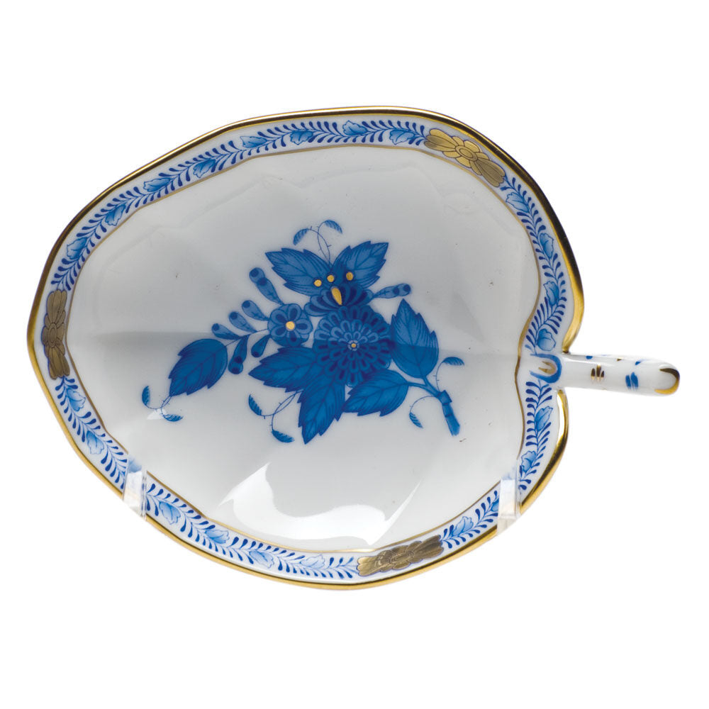 Hand-painted Herend Chinese Bouquet Blue Leaf Tray Decorative Plate in fine porcelain, 4.5in L X 3in W, on a white background