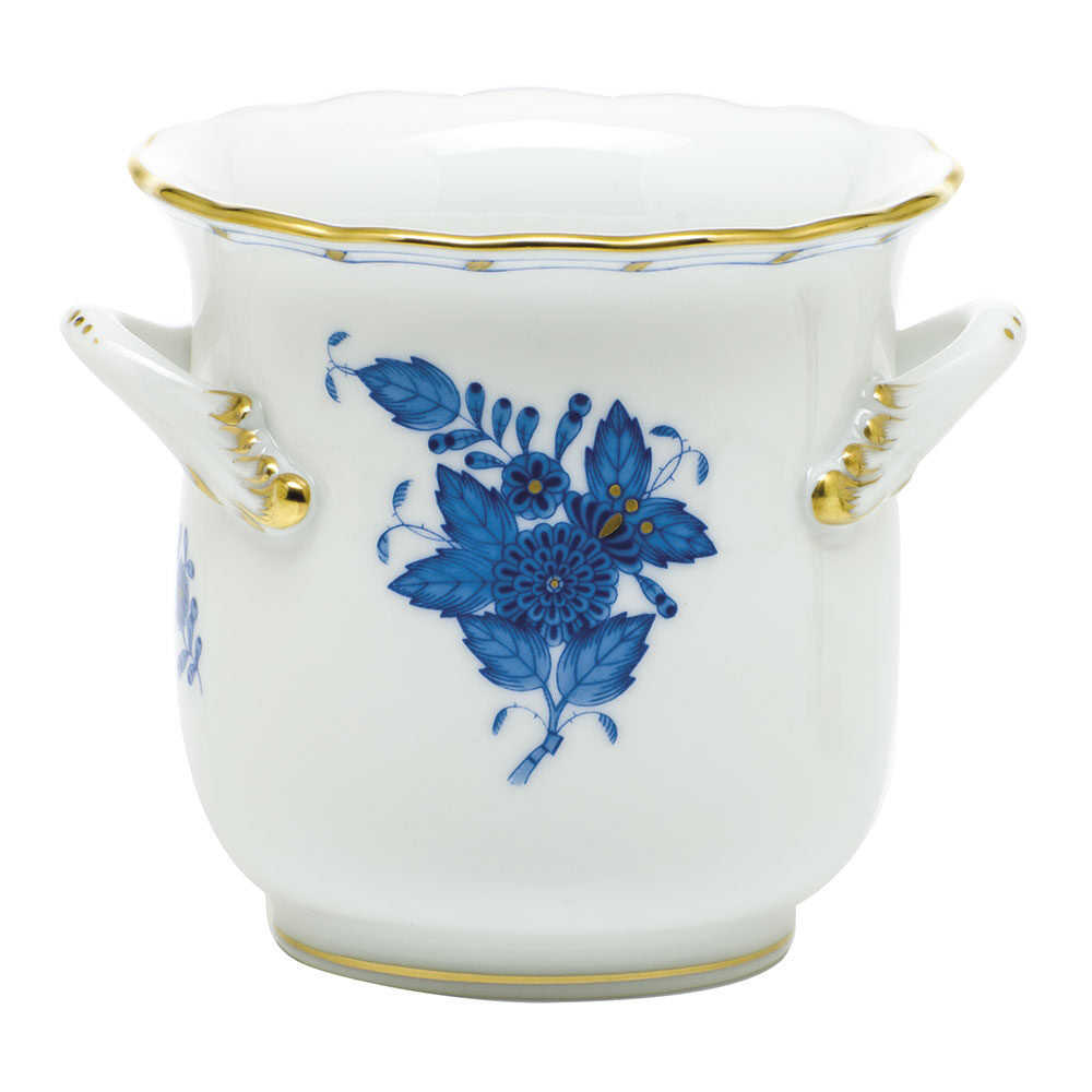Hand-painted Herend Chinese Bouquet Blue Mini Cachepot with Handles in fine porcelain, 4.75in L X 3.75in H, on a white background