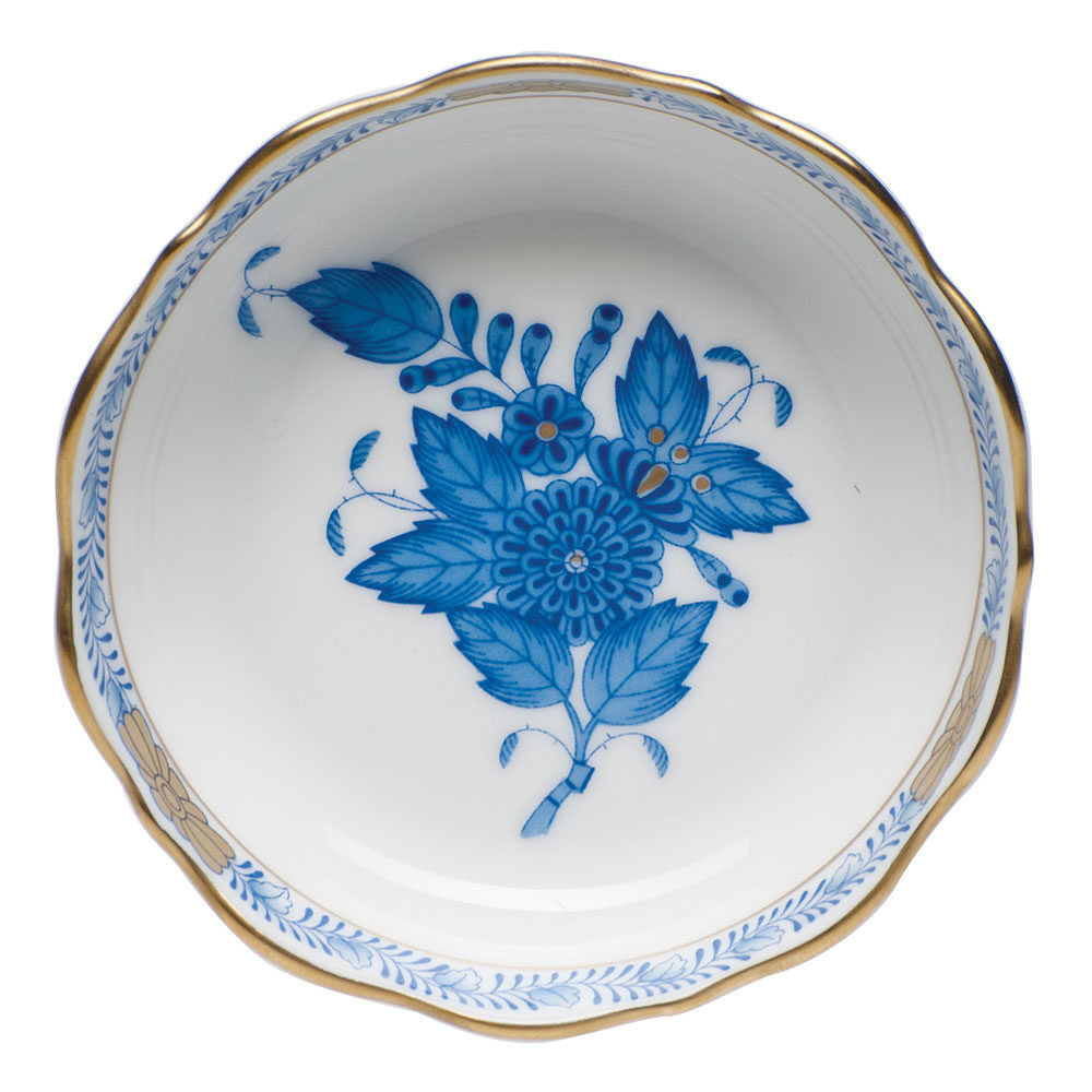 Hand-painted Herend Chinese Bouquet Blue Mini Scalloped Dish Decorative Plate in fine porcelain, 3.25in L X 0.75in H, on a white background