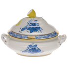 Hand-painted Herend Chinese Bouquet Blue Mini Tureen with Lemon Candy Dish in fine porcelain, 5in L X 4in H, on a white background