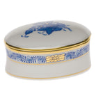 Hand-painted Herend Chinese Bouquet Blue Oval Box in fine porcelain, 2.75in L X 1.25in H, on a white background