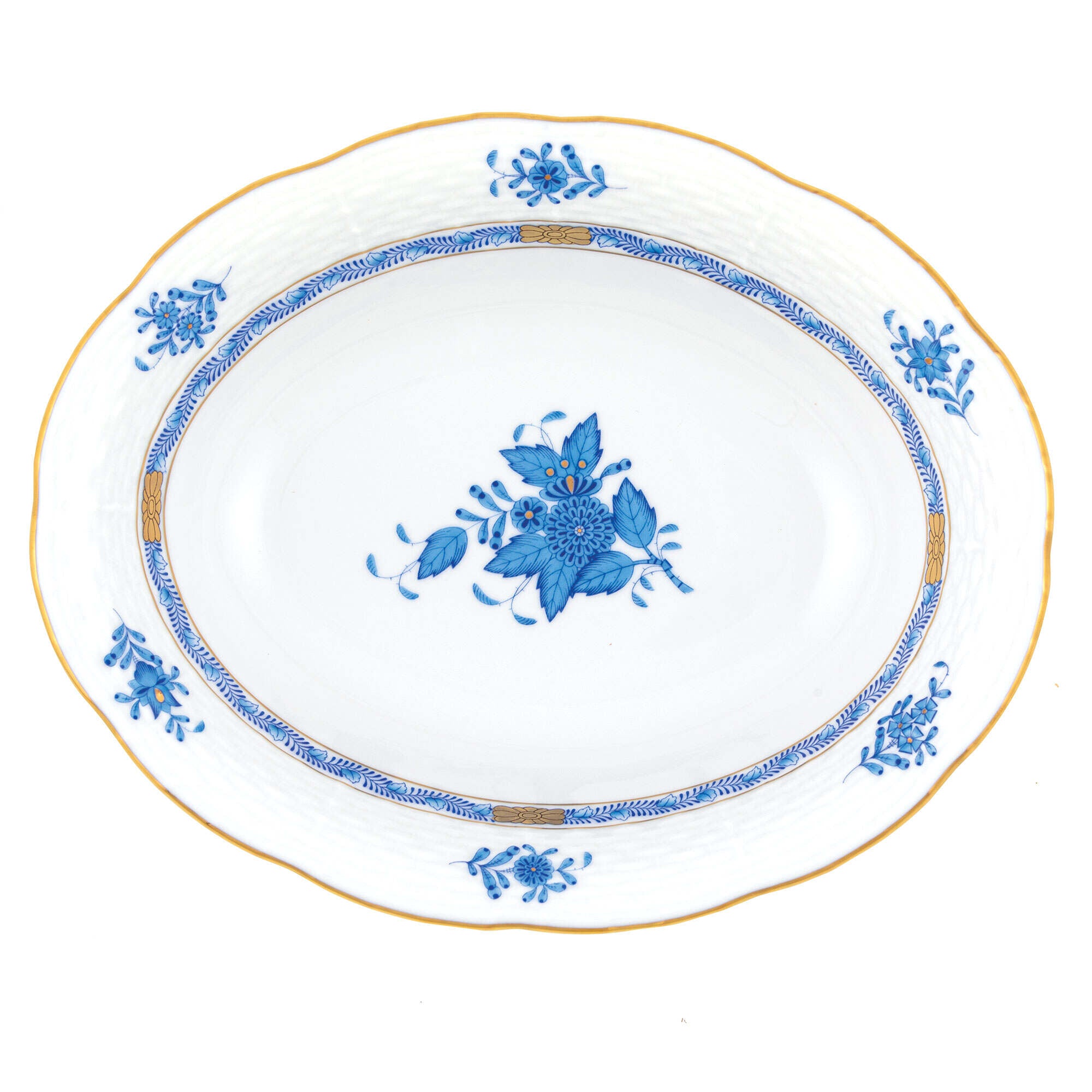 Hand-painted Herend Chinese Bouquet Blue Oval Vegetable Dish Serving Bowl in fine porcelain, 10in L X 8in W, on a white background