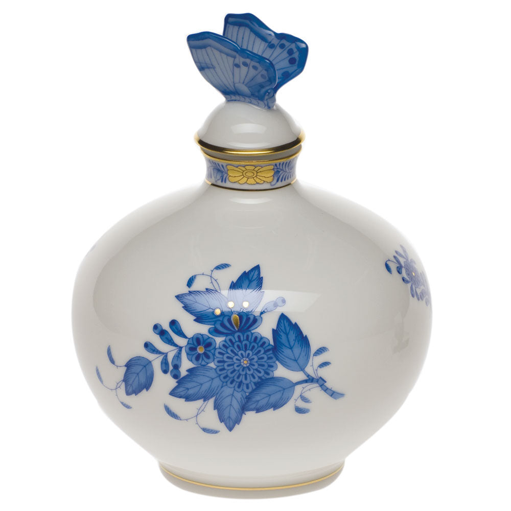 Hand-painted Herend Chinese Bouquet Blue Perfume with Butterfly Garnishment in fine porcelain, 4in W X 5in H, on a white background