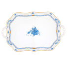 Hand-painted Herend Chinese Bouquet Blue Rec Tray with Branch Handles in fine porcelain, 18in L, on a white background