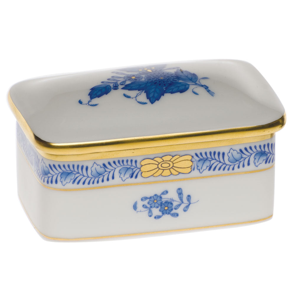 Hand-painted Herend Chinese Bouquet Blue Rectangular Box in fine porcelain, 3in L X 2in W, on a white background