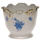 Hand-painted Herend Chinese Bouquet Blue Ribbed Cachepot in fine porcelain, 6.25in H X 7in D, on a white background