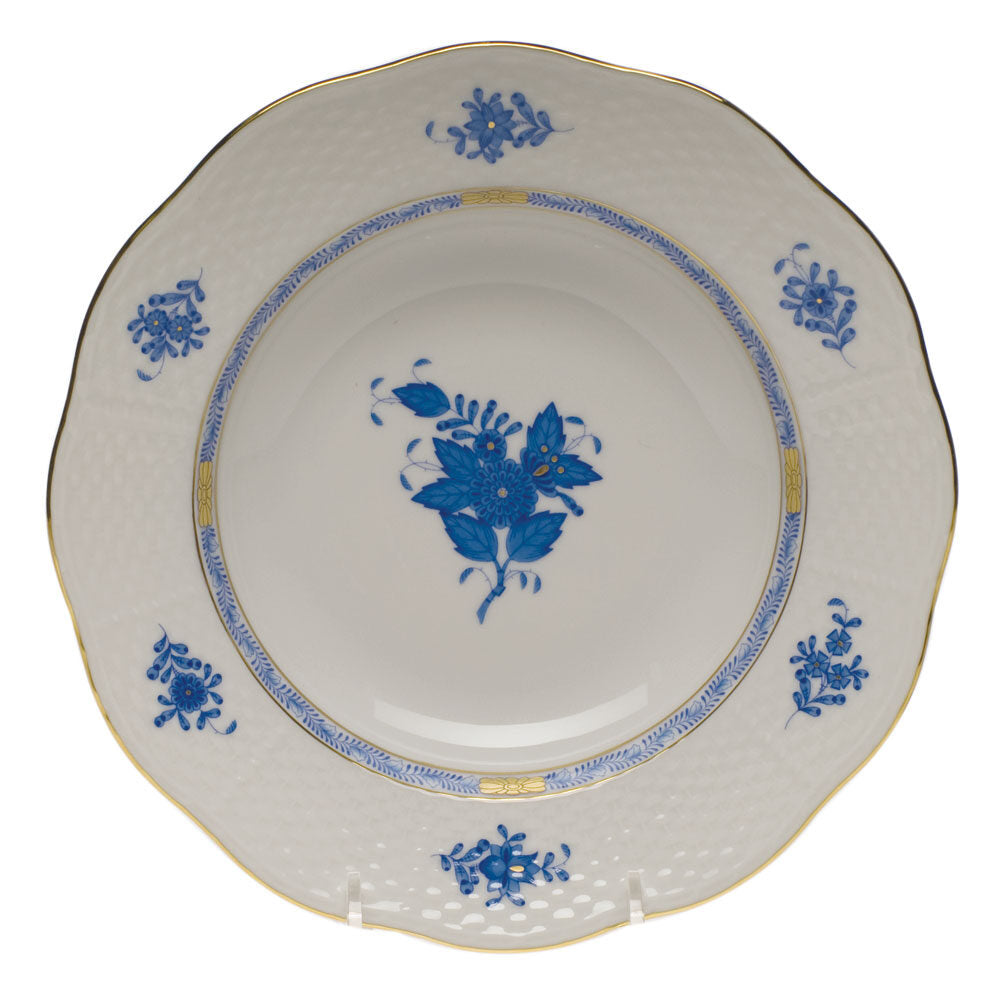 Hand-painted Herend Chinese Bouquet Blue Rim Soup Plate Soup Plates & Rimmed Soup Bowl in fine porcelain, 8in D, on a white background