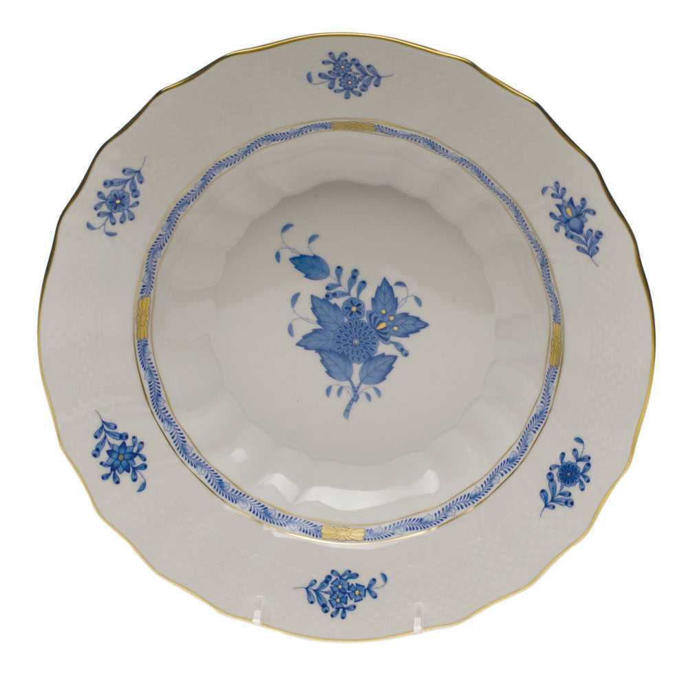 Hand-painted Herend Chinese Bouquet Blue Rim Soup Soup Plates & Rimmed Soup Bowl in fine porcelain, 9.5in D, on a white background