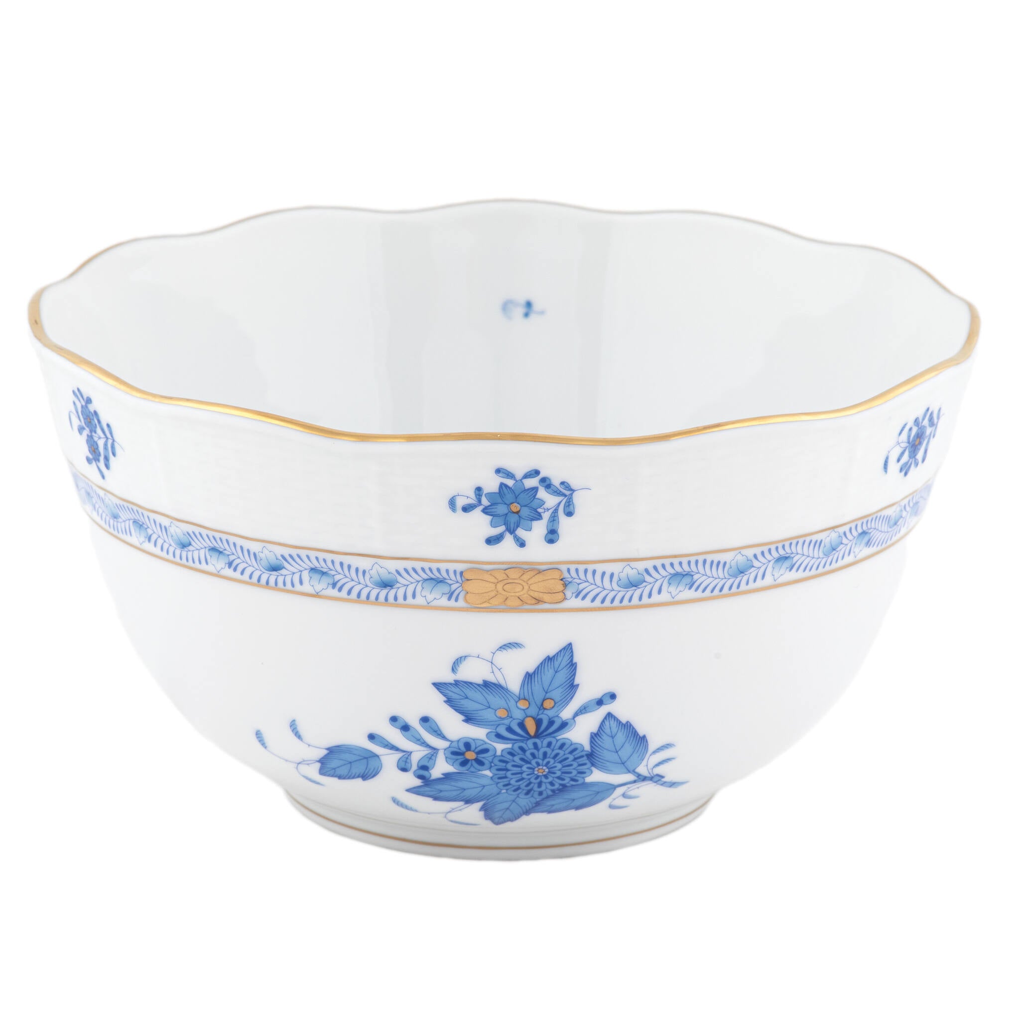 Hand-painted Herend Chinese Bouquet Blue Round Bowl in fine porcelain, (3.5 PT) 7.5in D, on a white background