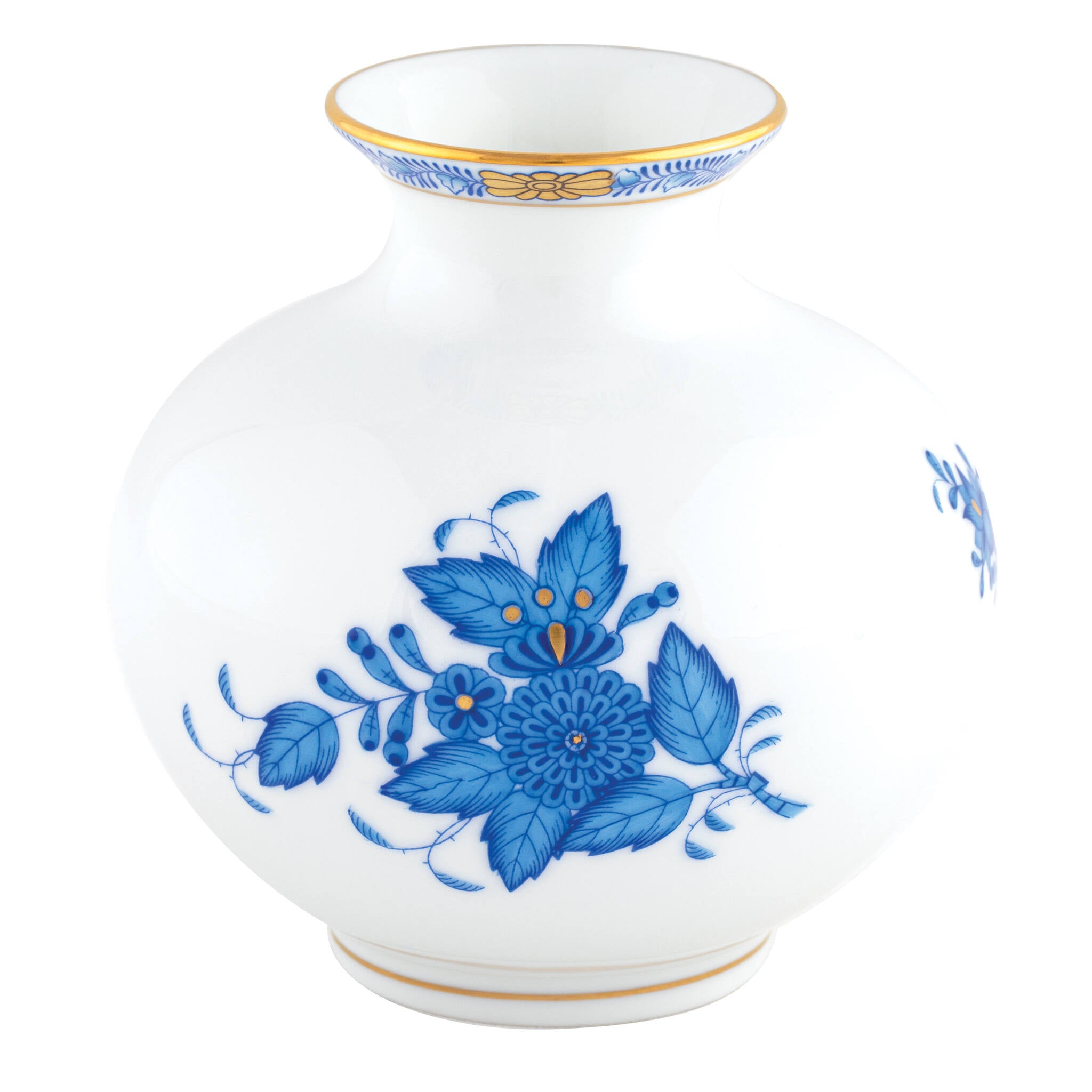 Hand-painted Herend Chinese Bouquet Blue Round Vase in fine porcelain, 4.5in H X 4.5in D, on a white background