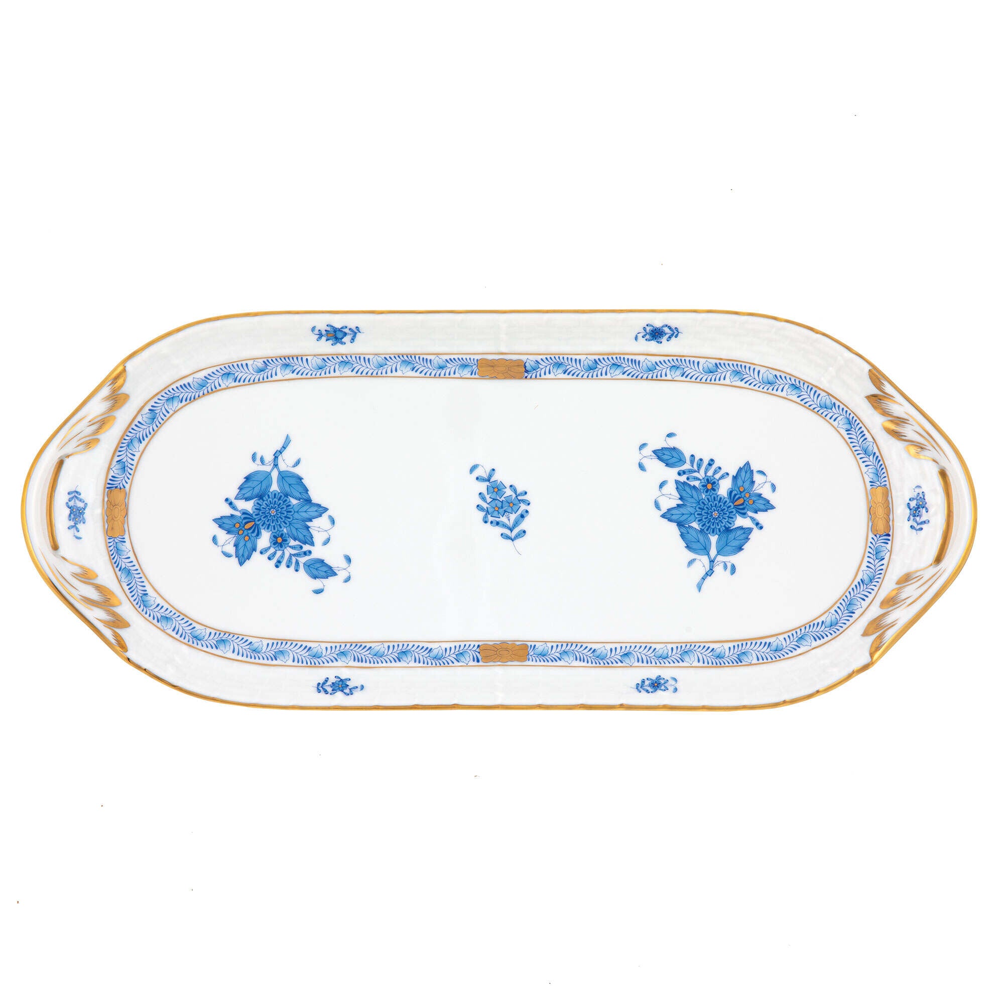 Hand-painted Herend Chinese Bouquet Blue Sandwich Tray in fine porcelain, 14.5in L X 6in W, on a white background