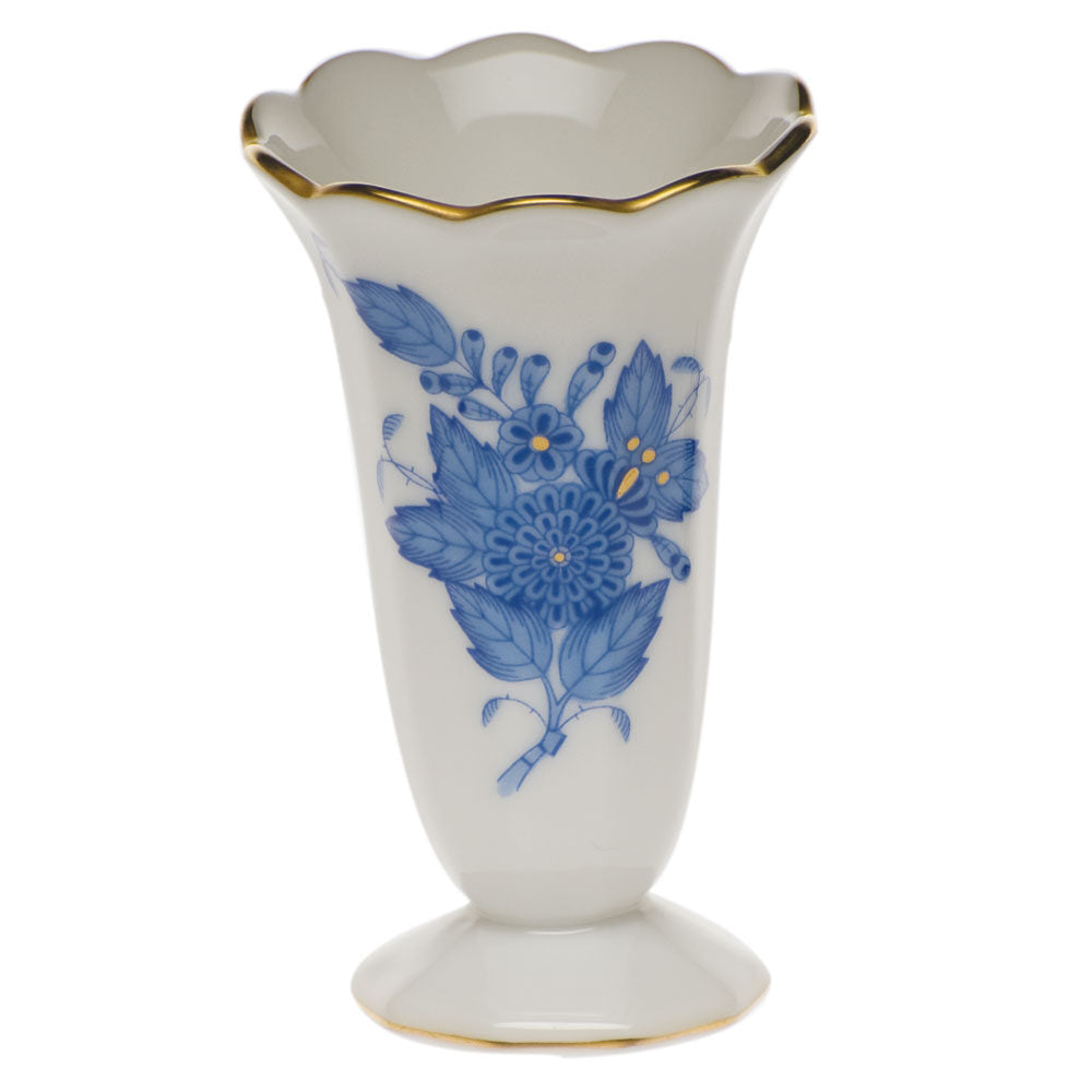 Hand-painted Herend Chinese Bouquet Blue Scalloped Bud Vase in fine porcelain, 2.5in H, on a white background