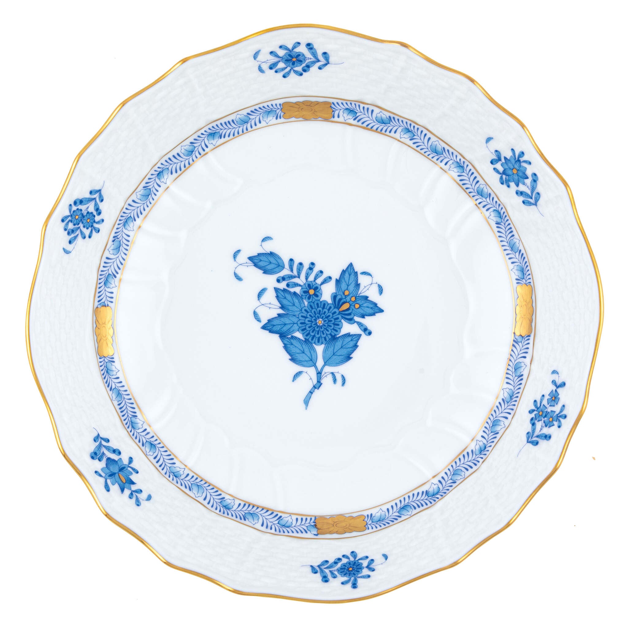 Hand-painted Herend Chinese Bouquet Blue Scalloped Dinner Bowl in fine porcelain, 8in D X 2in H, on a white background