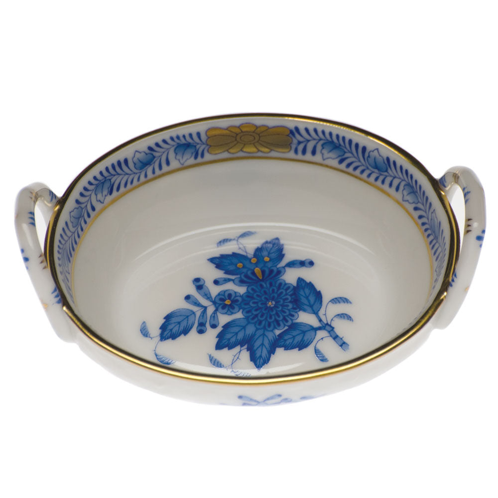 Hand-painted Herend Chinese Bouquet Blue Small Basket with Handles in fine porcelain, 2.75in L X 2.25in W, on a white background