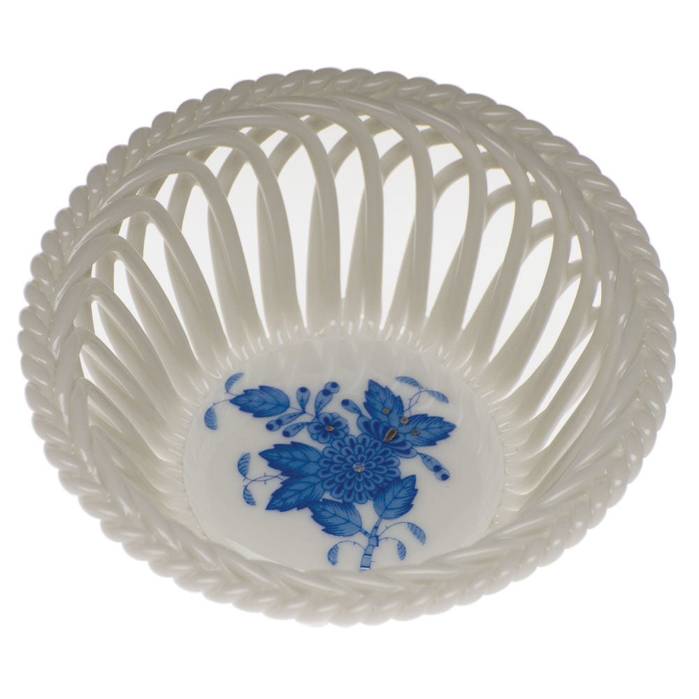 Hand-painted Herend Chinese Bouquet Blue Small Openwork Basket in fine porcelain, 3.75in D, on a white background