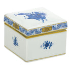 Hand-painted Herend Chinese Bouquet Blue Square Box in fine porcelain, 2.25in L X 2.25in W X 2in H, on a white background