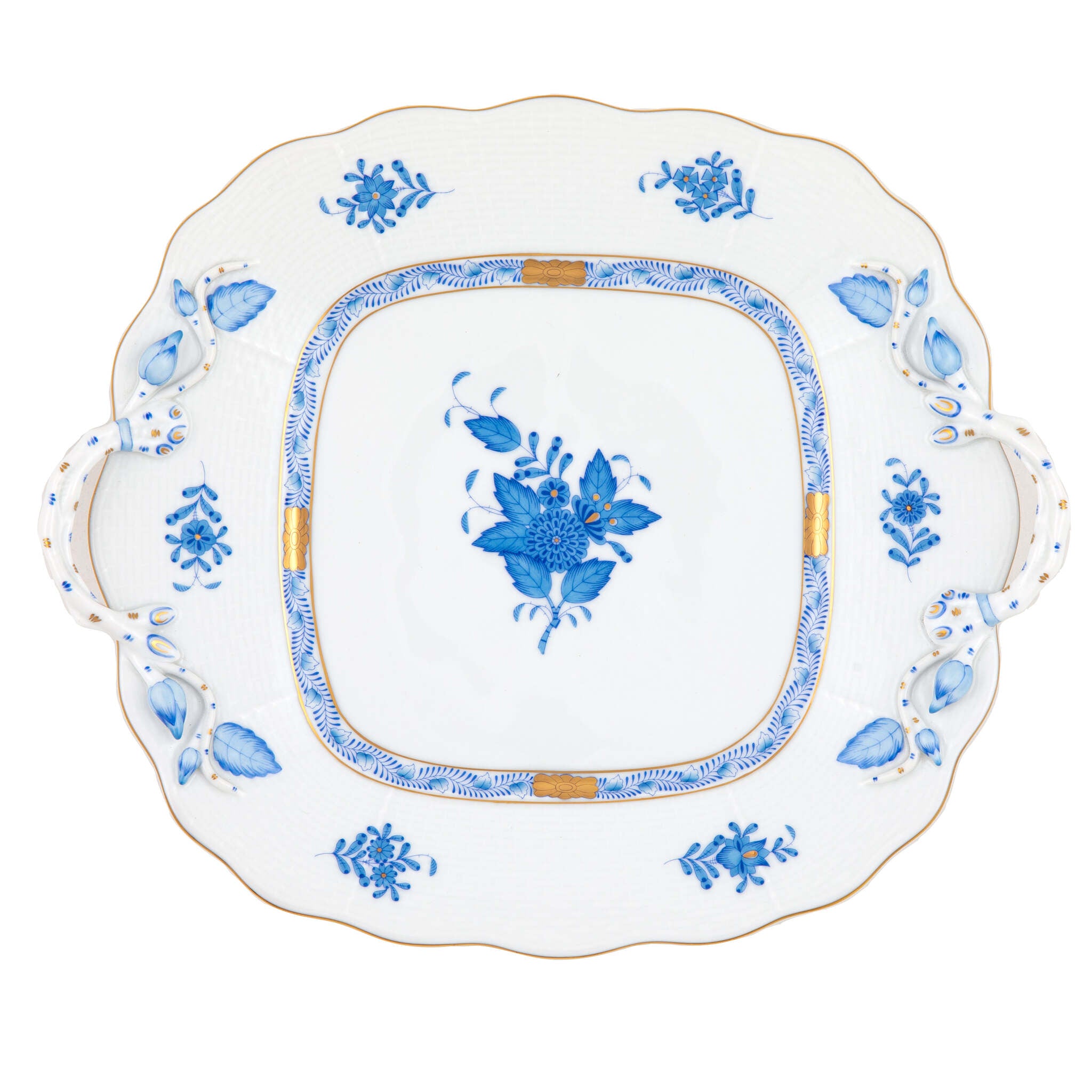 Hand-painted Herend Chinese Bouquet Blue Square Cake Plate with Handles in fine porcelain, 9.5in SQ, on a white background
