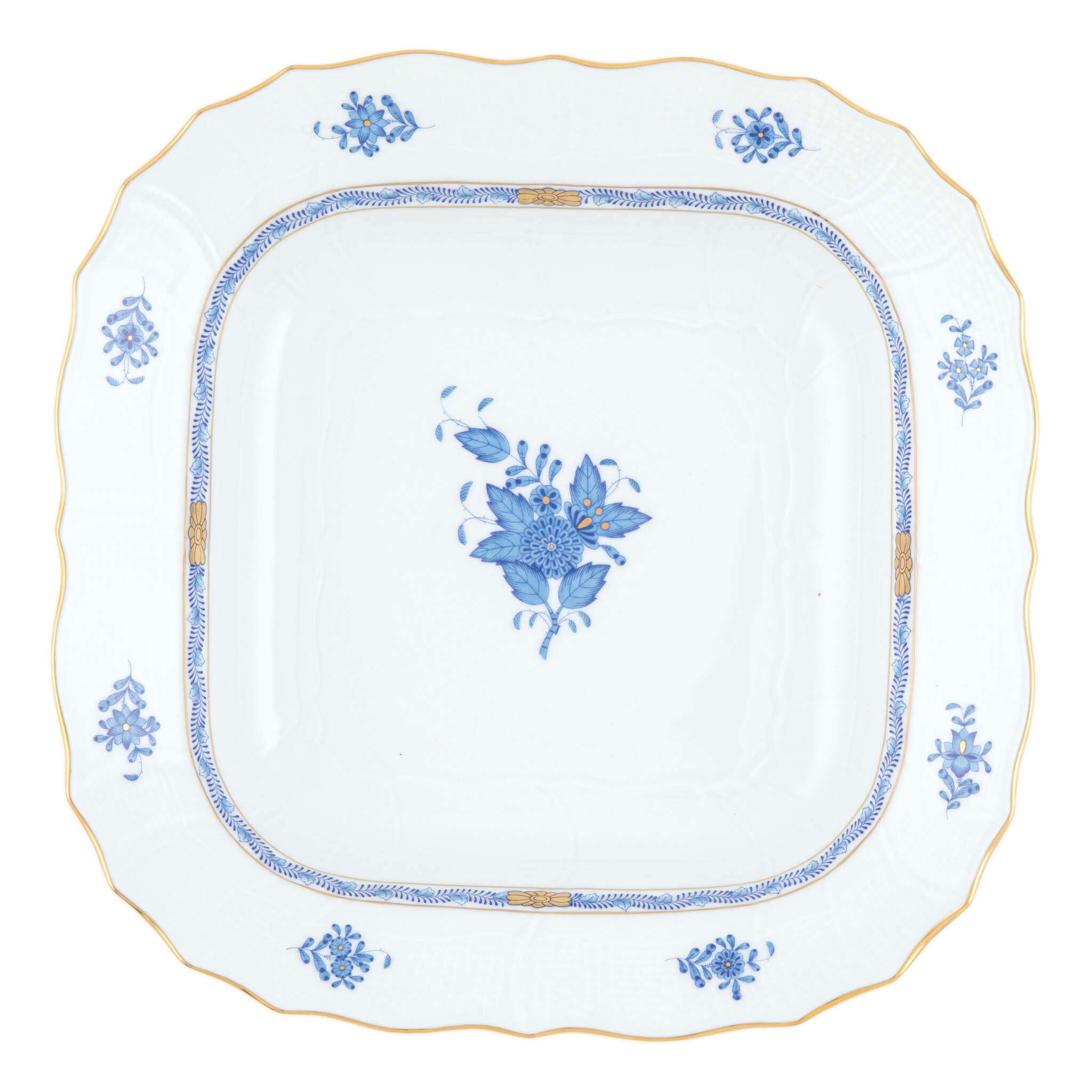 Hand-painted Herend Chinese Bouquet Blue Square Fruit Dish in fine porcelain, 11in SQ, on a white background