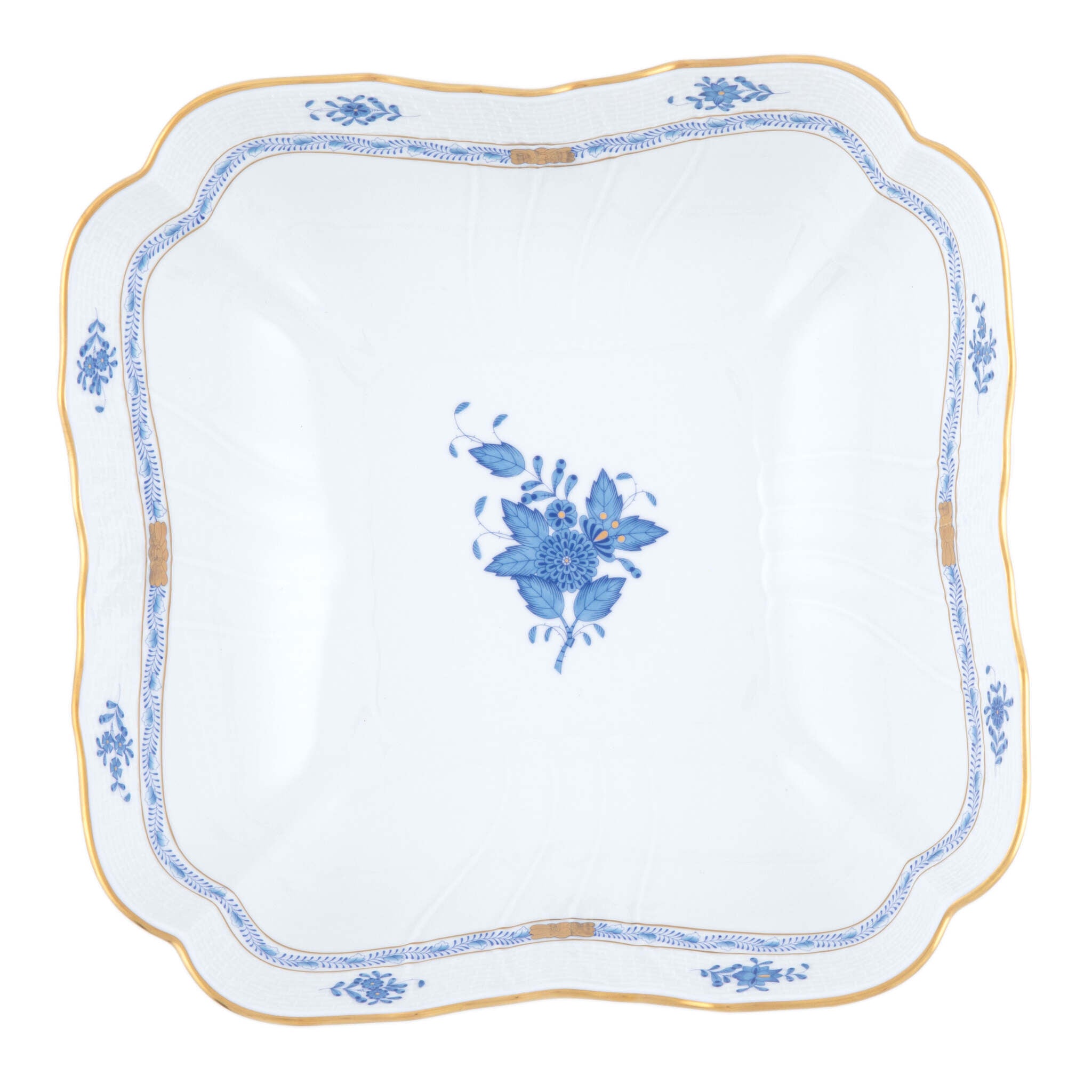 Hand-painted Herend Chinese Bouquet Blue Square Salad Bowl in fine porcelain, 10in SQ, on a white background