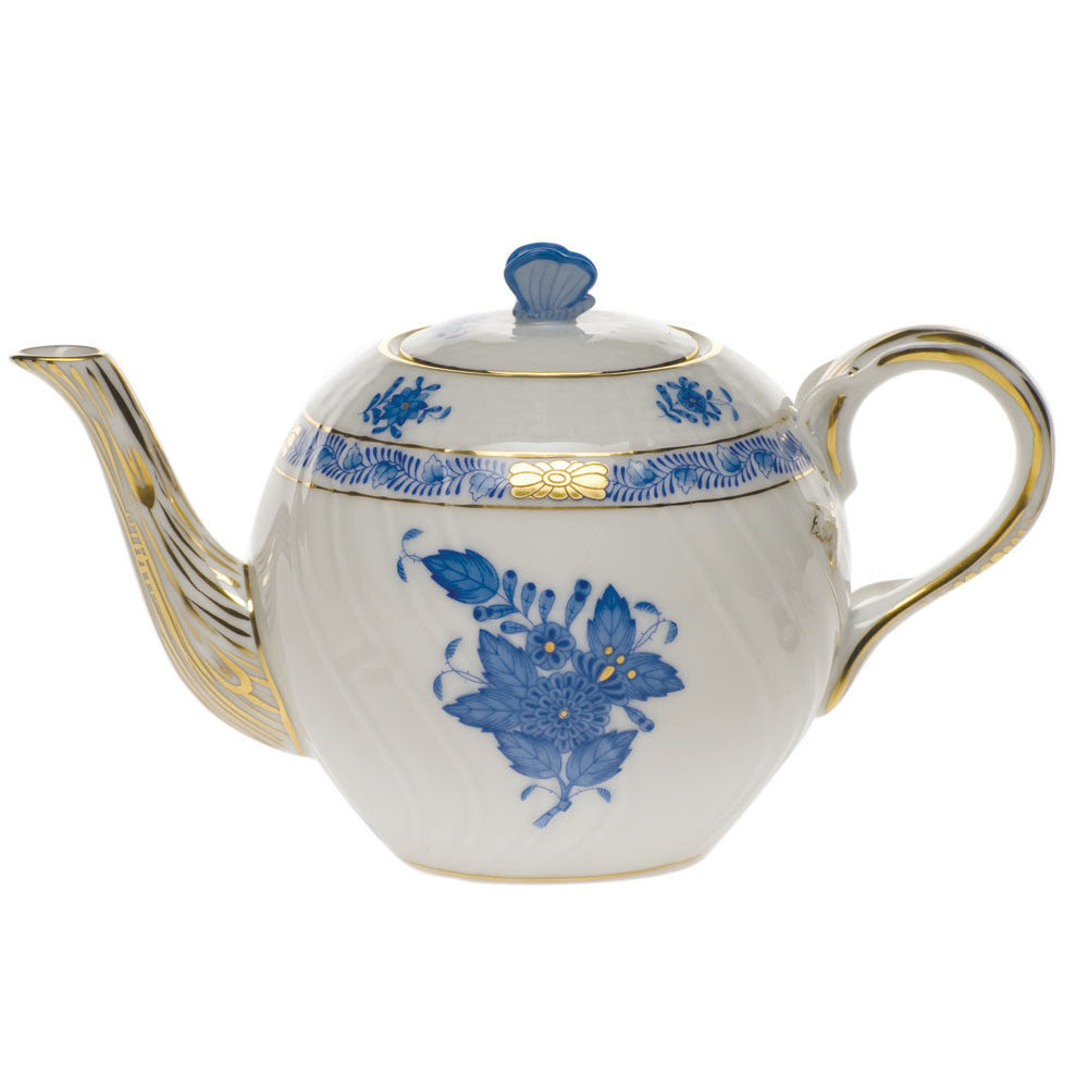 Hand-painted Herend Chinese Bouquet Blue Tea Pot with Butterfly Teapot in fine porcelain, (12 OZ) 4in H, on a white background