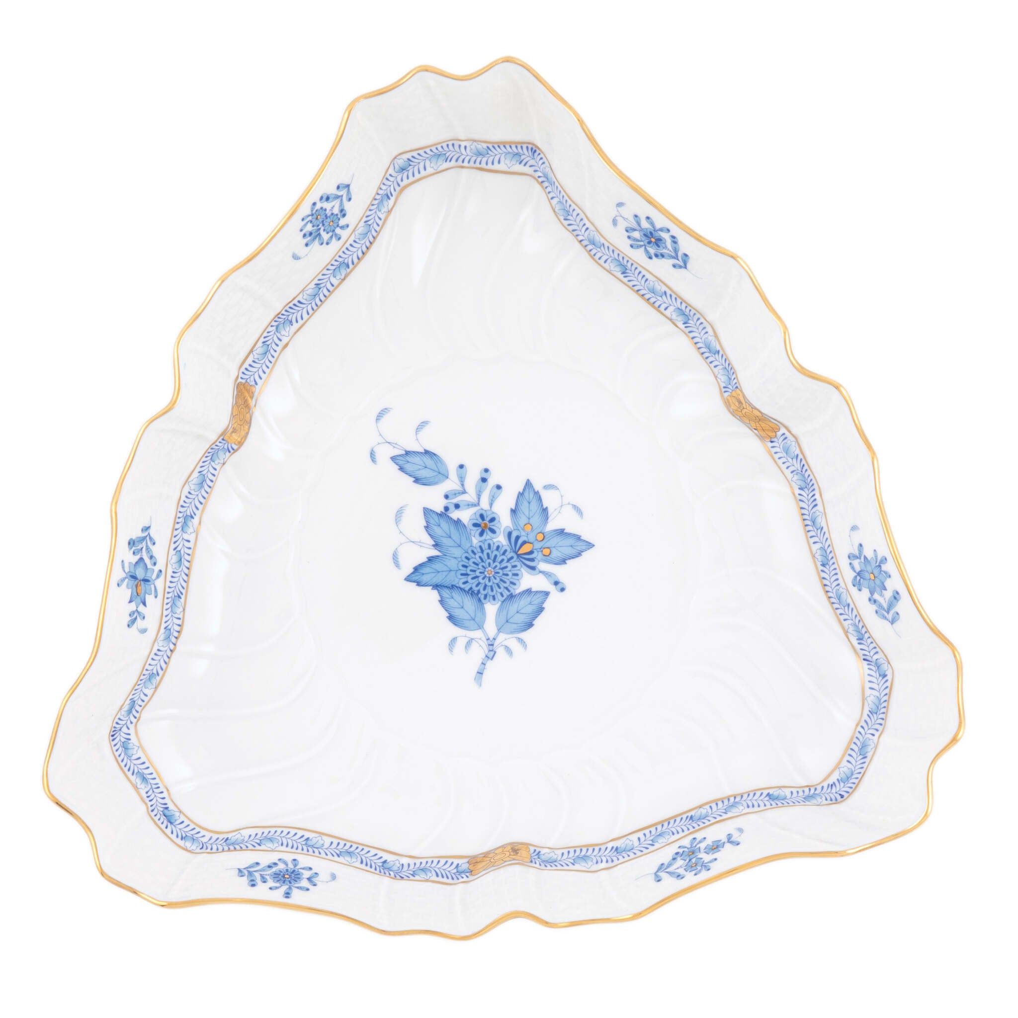 Hand-painted Herend Chinese Bouquet Blue Triangle Dish in fine porcelain, 9.5in L, on a white background