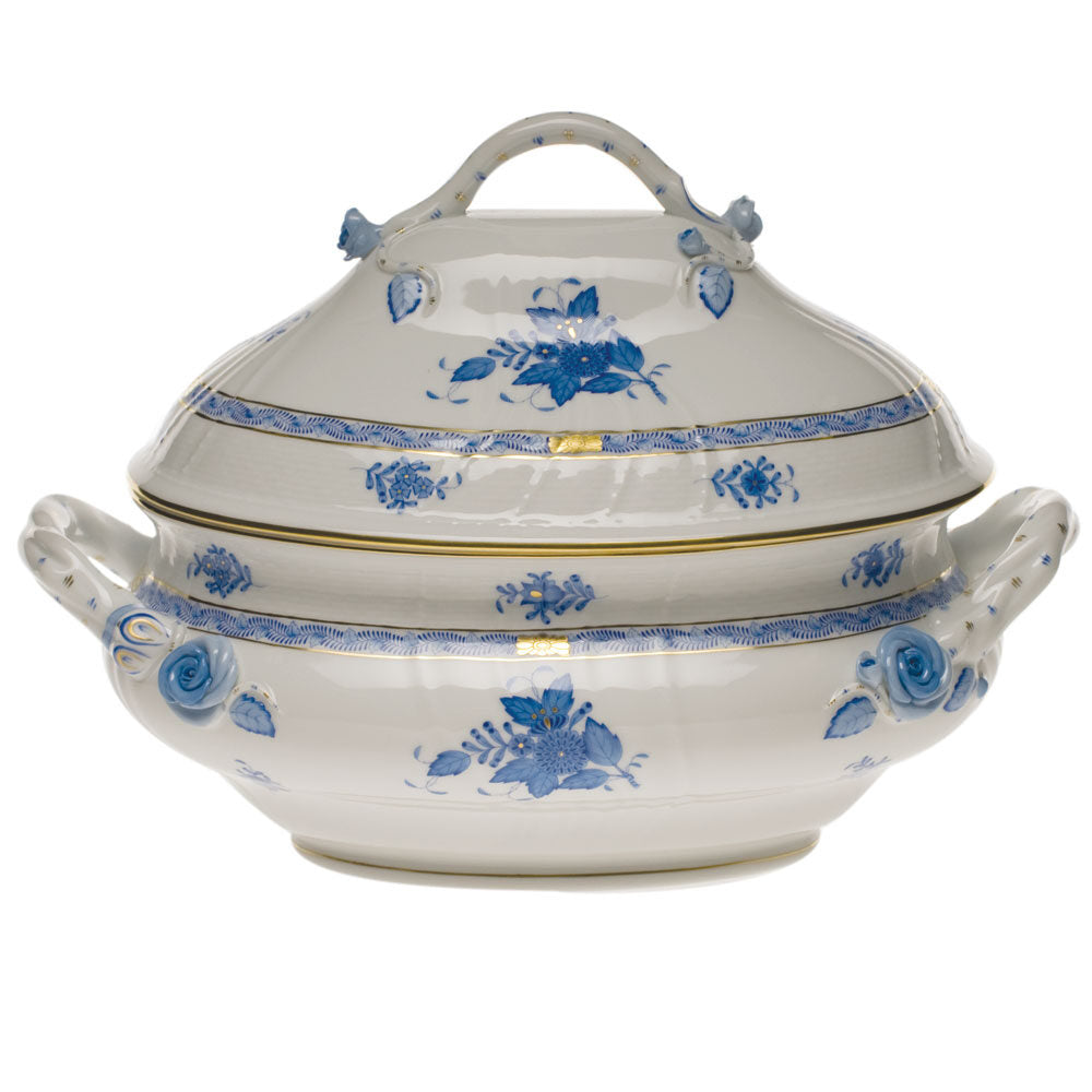 Hand-painted Herend Chinese Bouquet Blue Tureen with Branch Handles in fine porcelain, (4 QT) 10in H, on a white background
