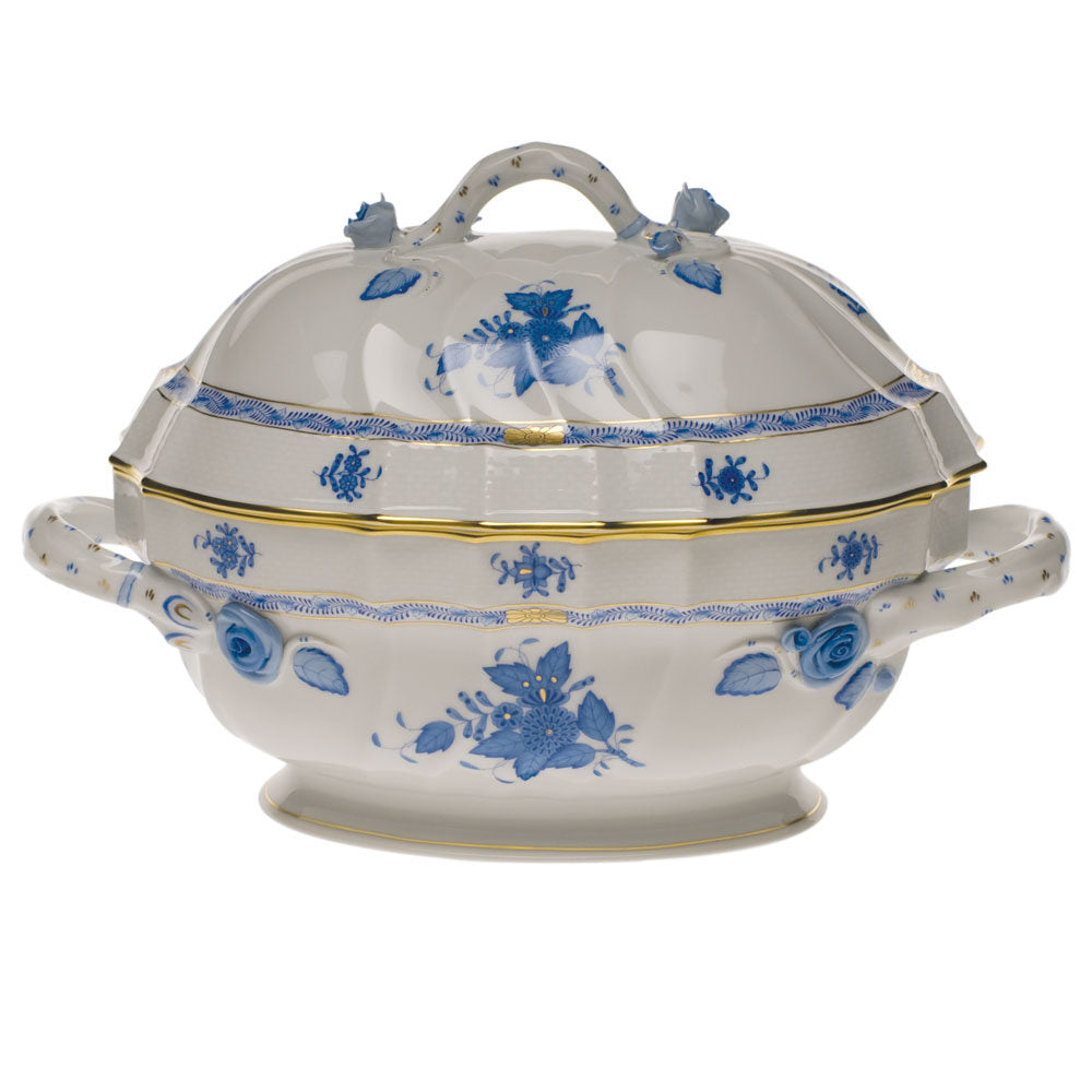 Hand-painted Herend Chinese Bouquet Blue Tureen with Branch in fine porcelain, (2 QT) 9.5in H, on a white background